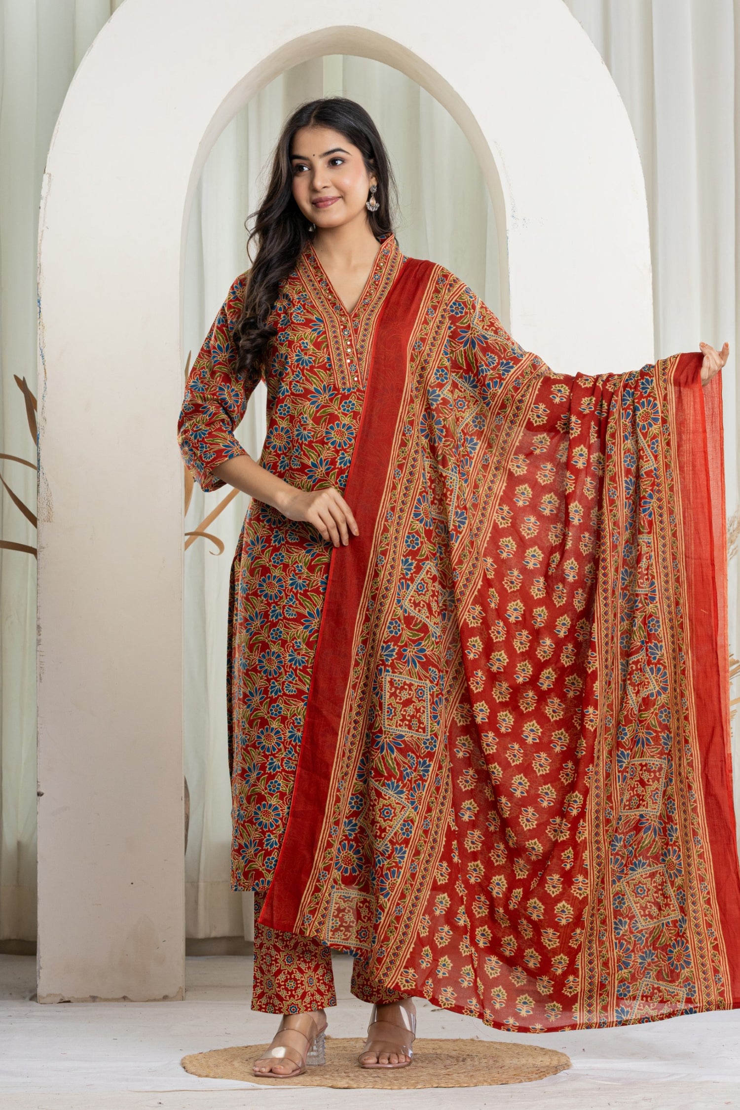Festive Red Kalamkari Print Cotton Suit Set | Hand-Embroidered
