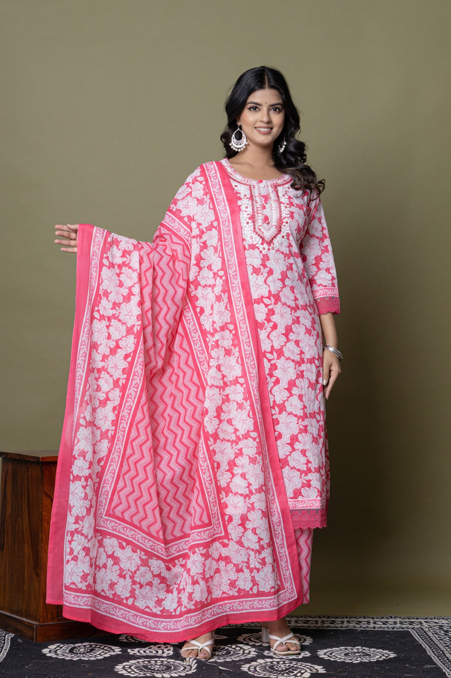 Rose Pink Embroidered Cotton Suit Set | Floral & Chevron Print