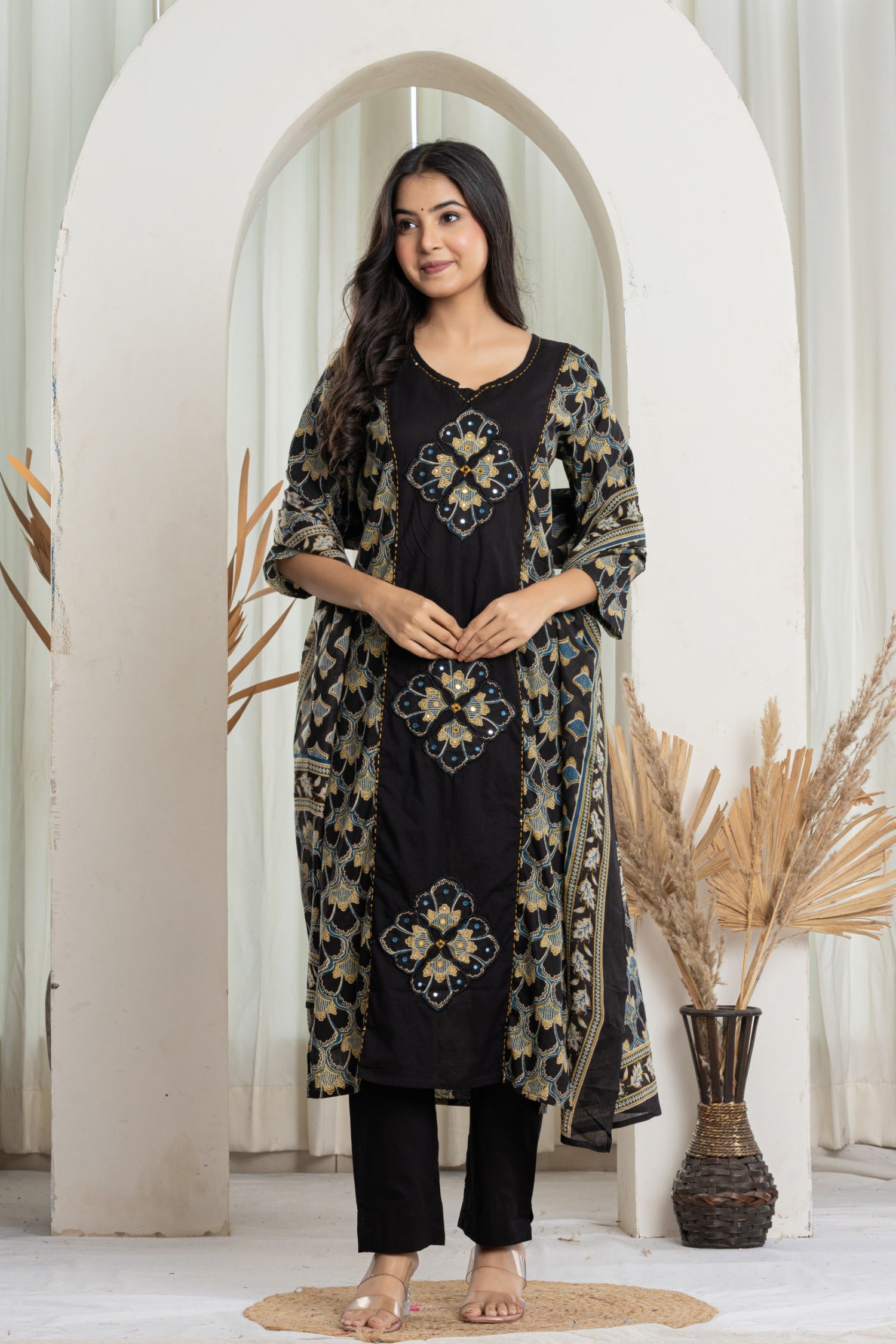 Black Embroidered Medallion Cotton Suit Set | Mirror Work