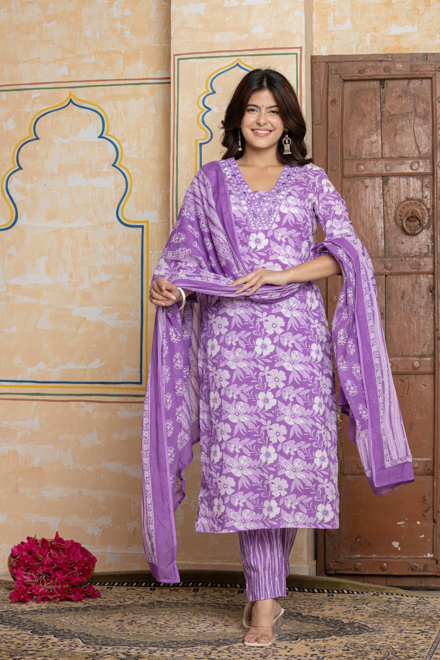 Lavender Mirror Work Cotton Suit Set | Floral & Leheriya Print