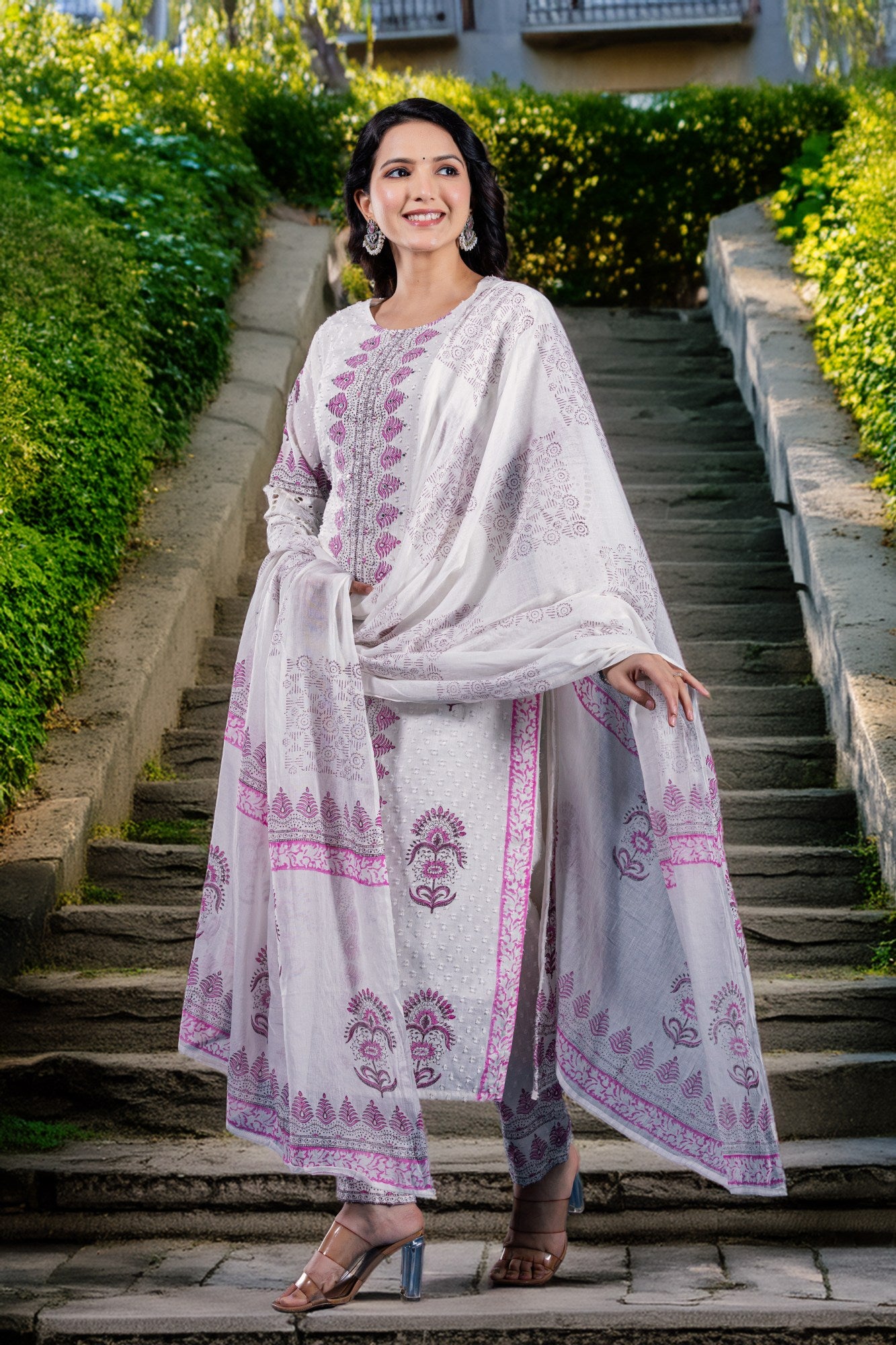 White with Pink Original Hand Block Dupatta Set