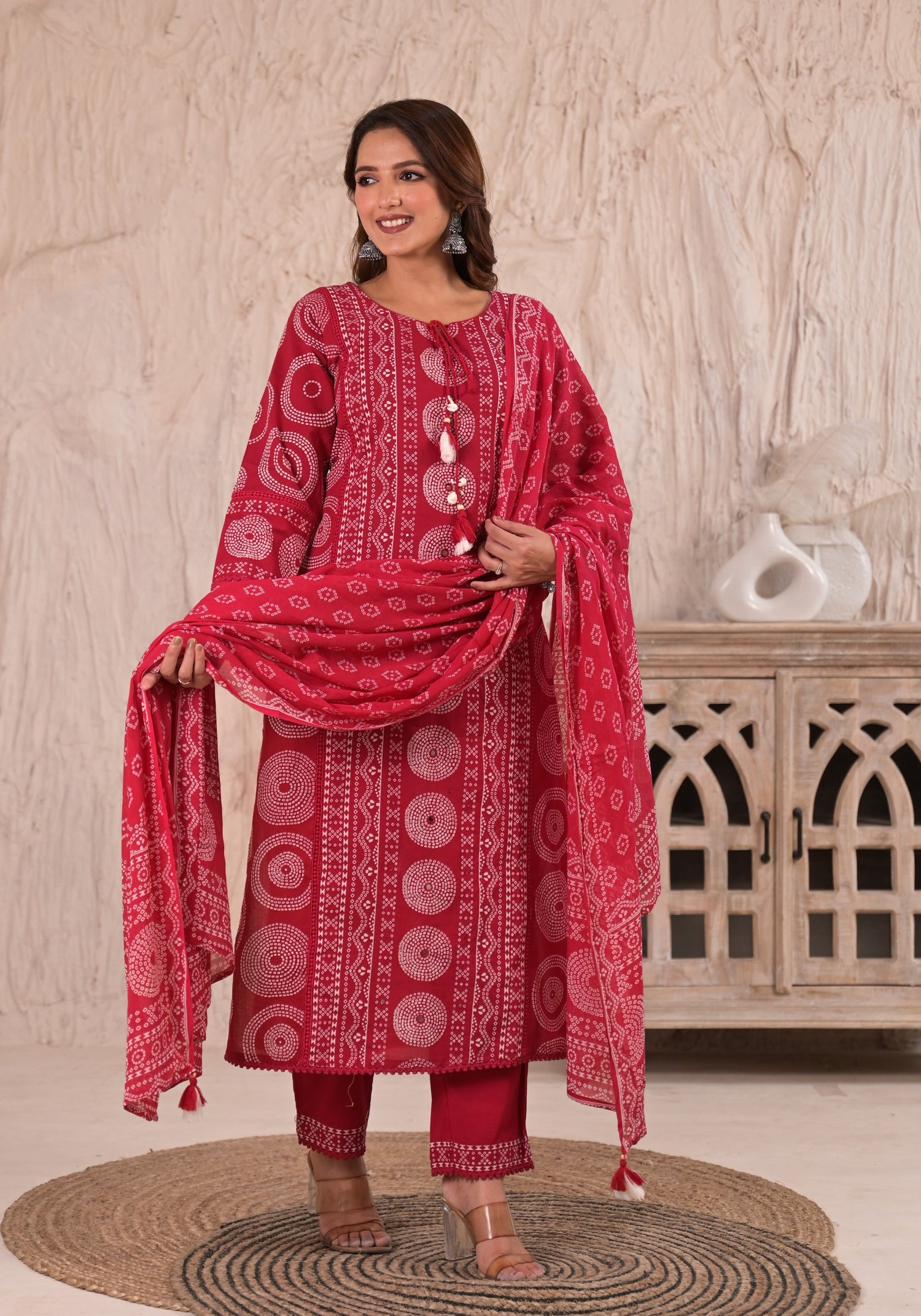 Festive Red Bandhani Print Cotton Suit Set | Tassel Detail