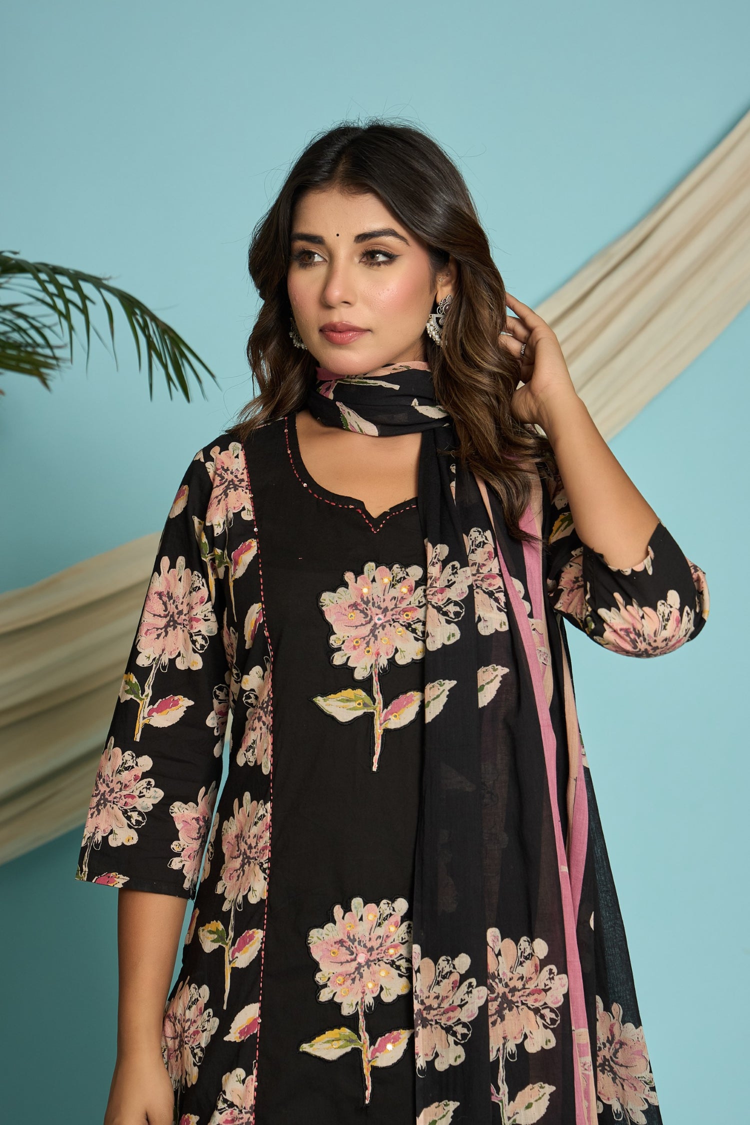 Black Floral Print Cotton Suit Set | Hand-Embroidered