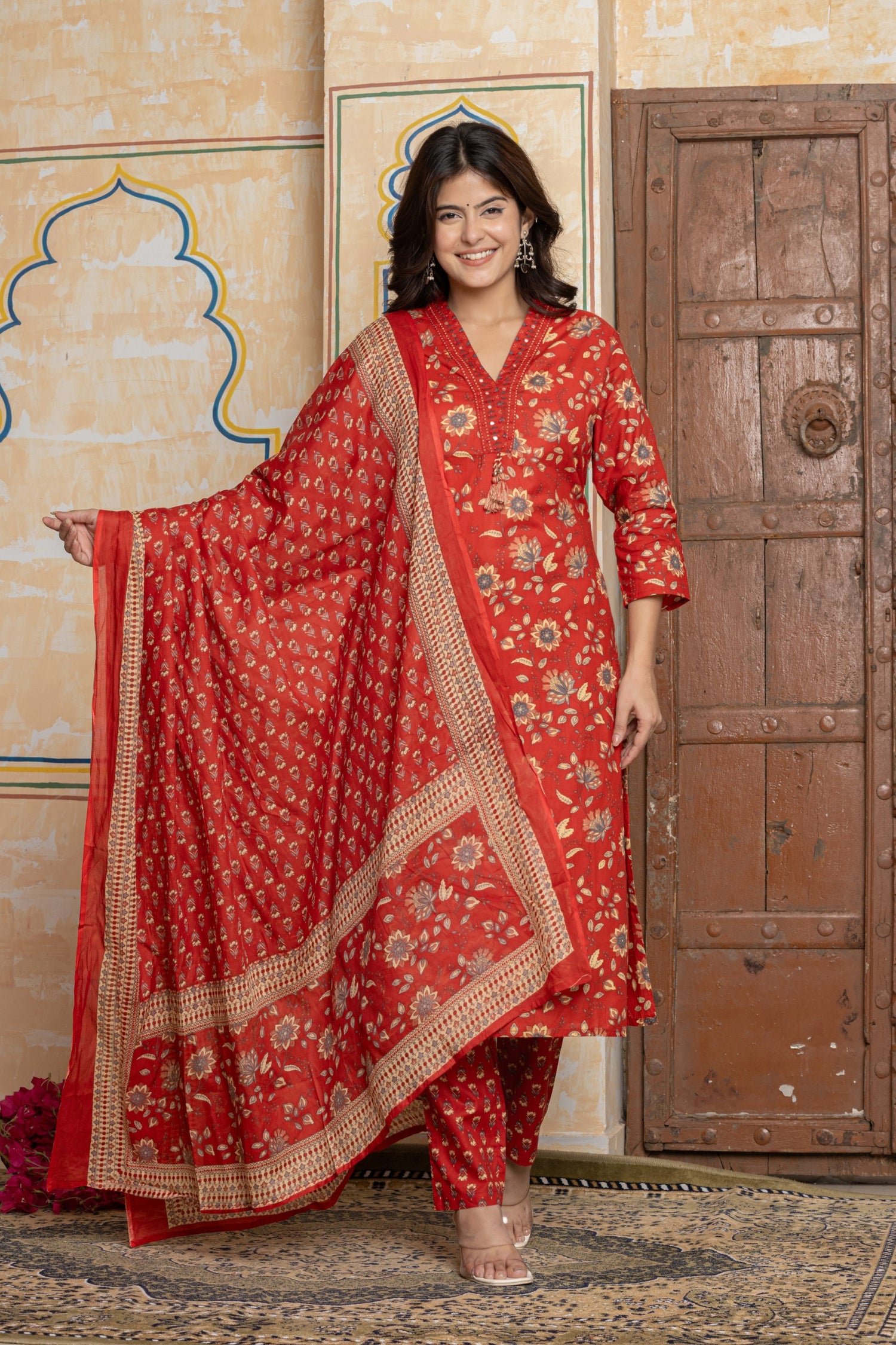 Festive Red Floral Cotton Suit Set | Hand-Embroidered