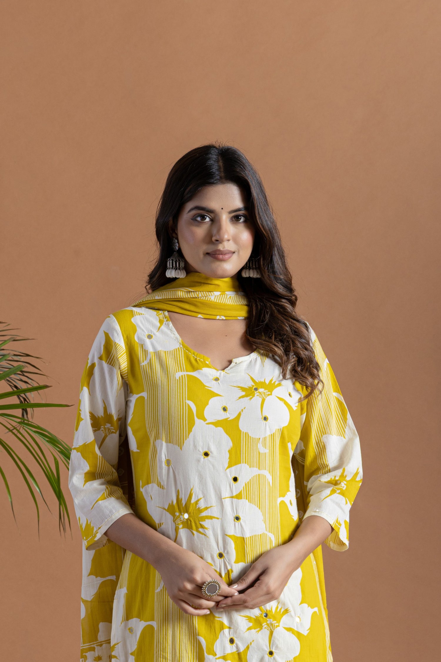 Festive Mustard Floral Cotton Suit | Mirror Work