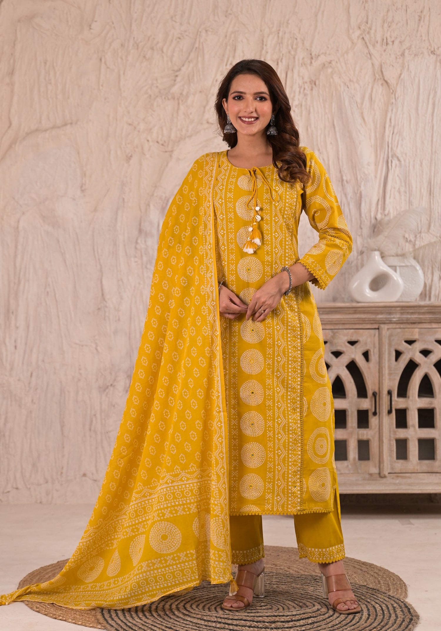 Mustard Yellow Bandhani Print Cotton Suit Set | Tassel Detail