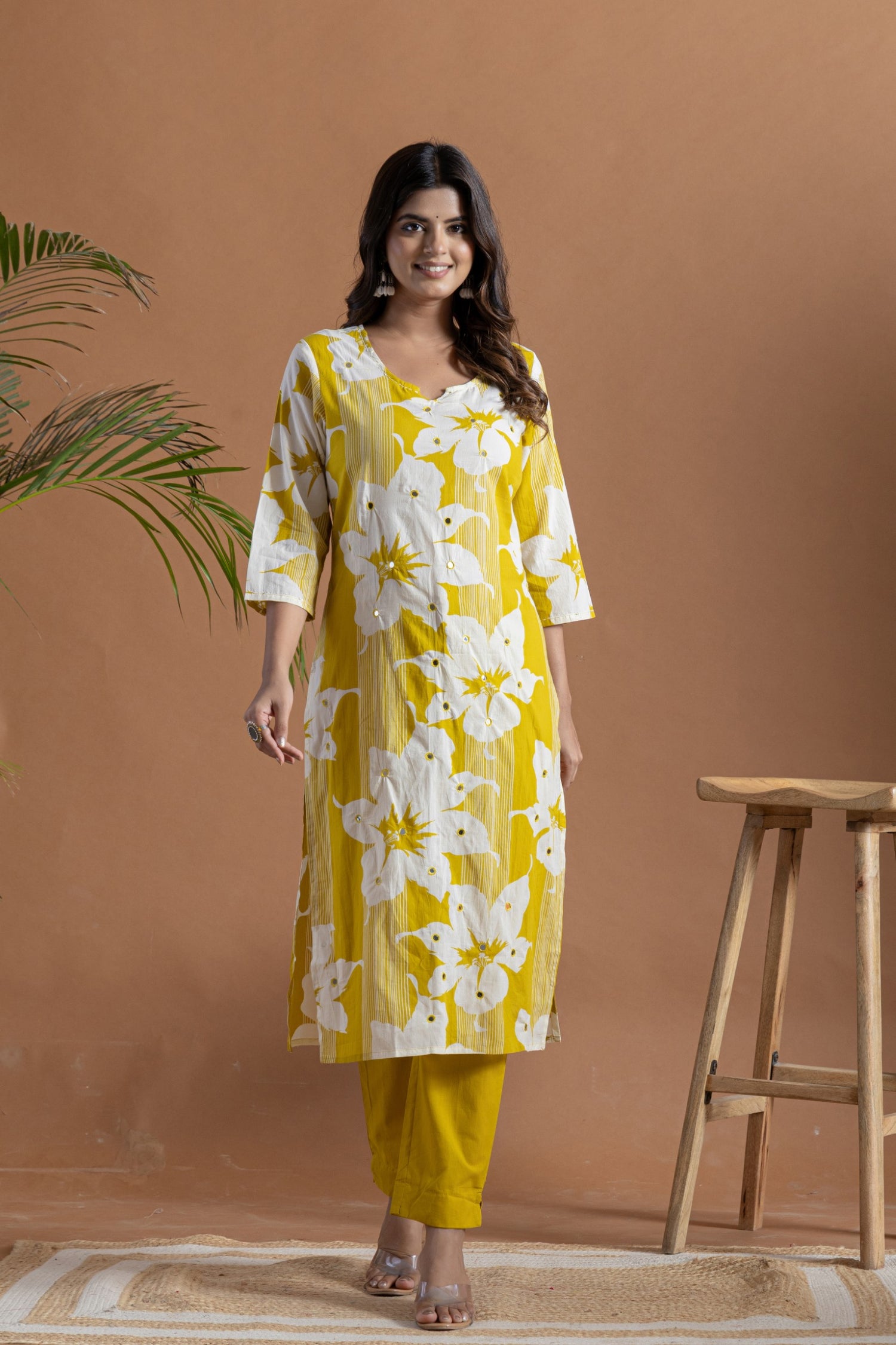 Festive Mustard Floral Cotton Suit | Mirror Work