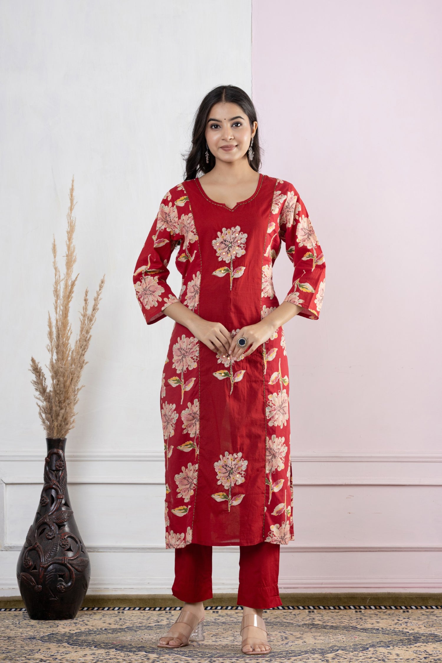 Festive Red Floral Embroidered Cotton Suit Set