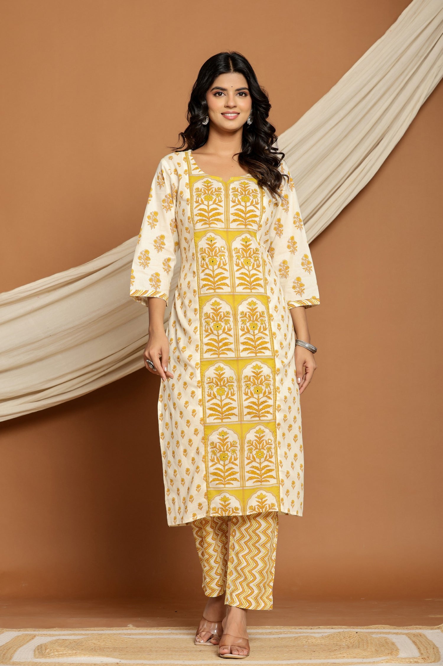 Mustard Yellow Block Print Cotton Suit Set | Jaipuri Festive Wear