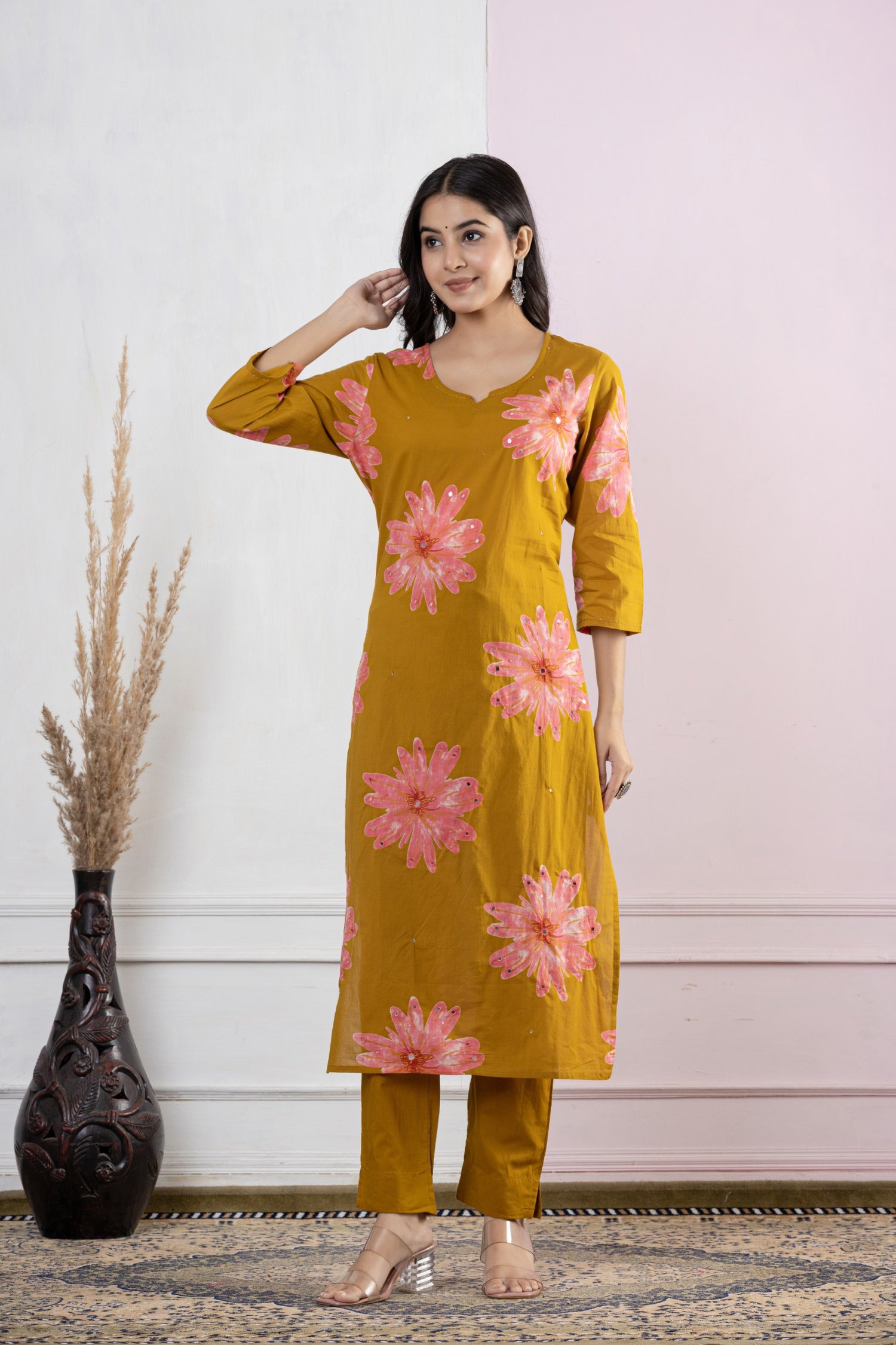Festive Mustard Floral Mirror Work Cotton Suit Set