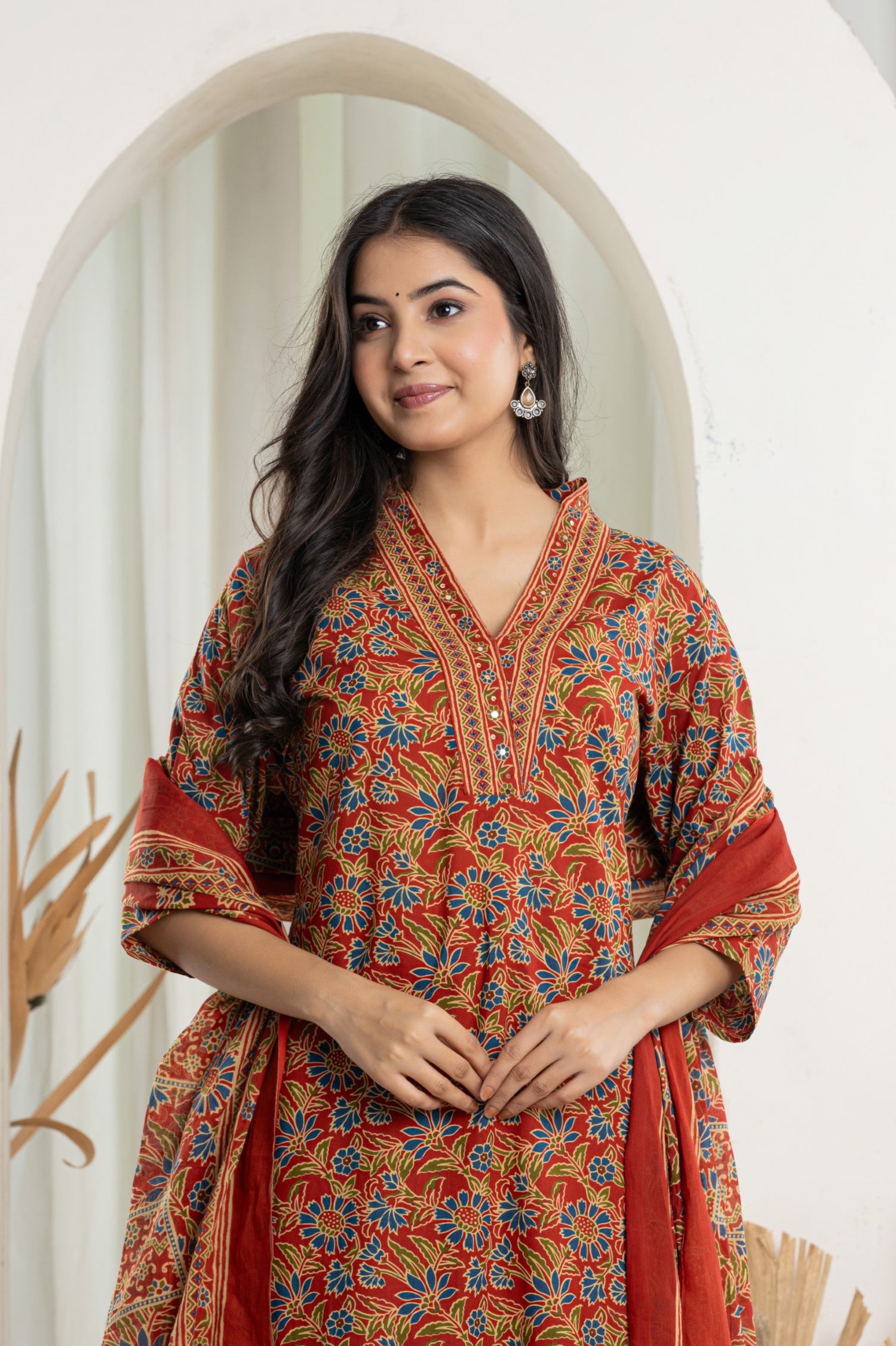 Festive Red Kalamkari Print Cotton Suit Set | Hand-Embroidered