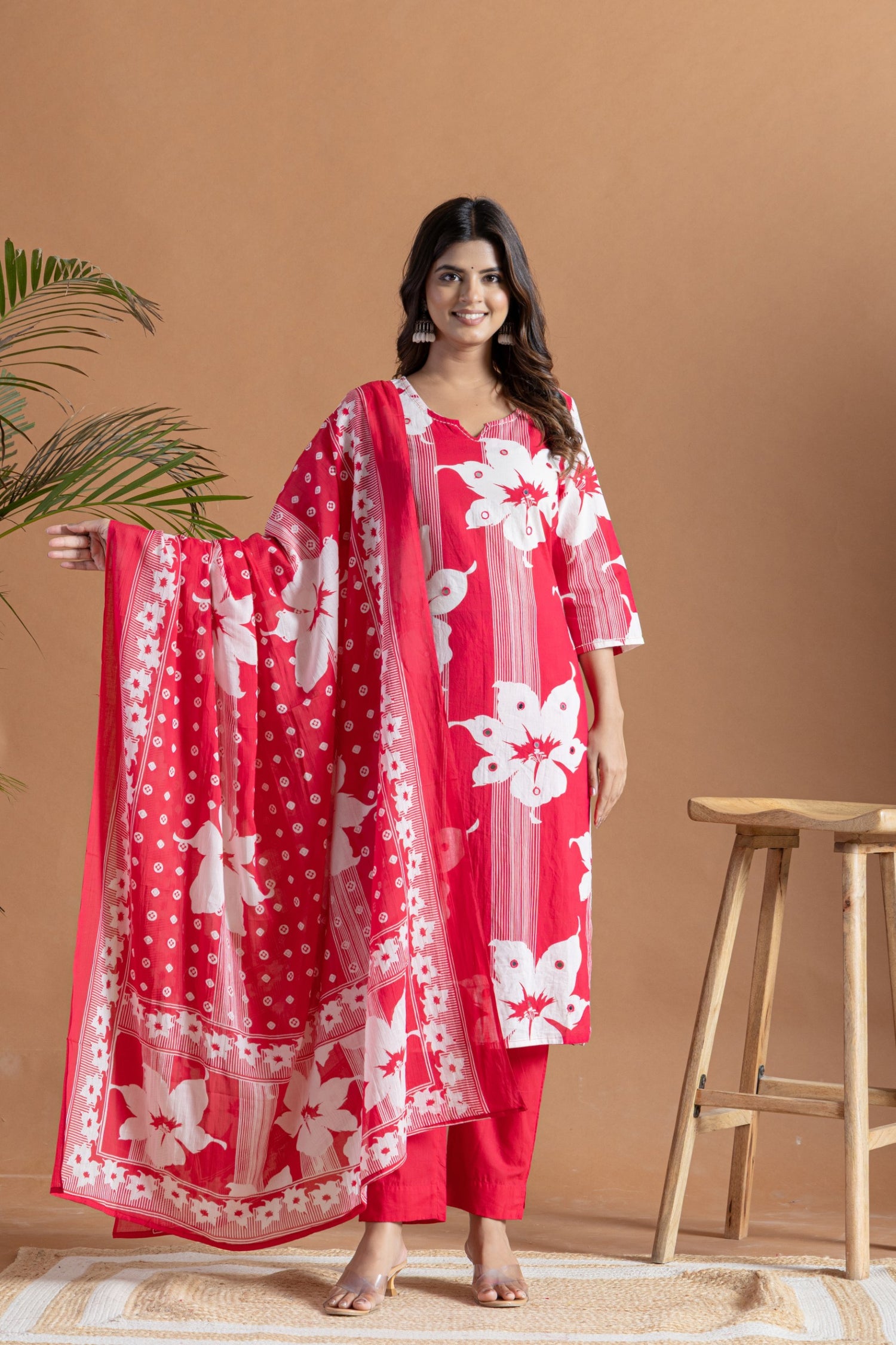 Festive Red Floral Cotton Suit Set | Mirror Work