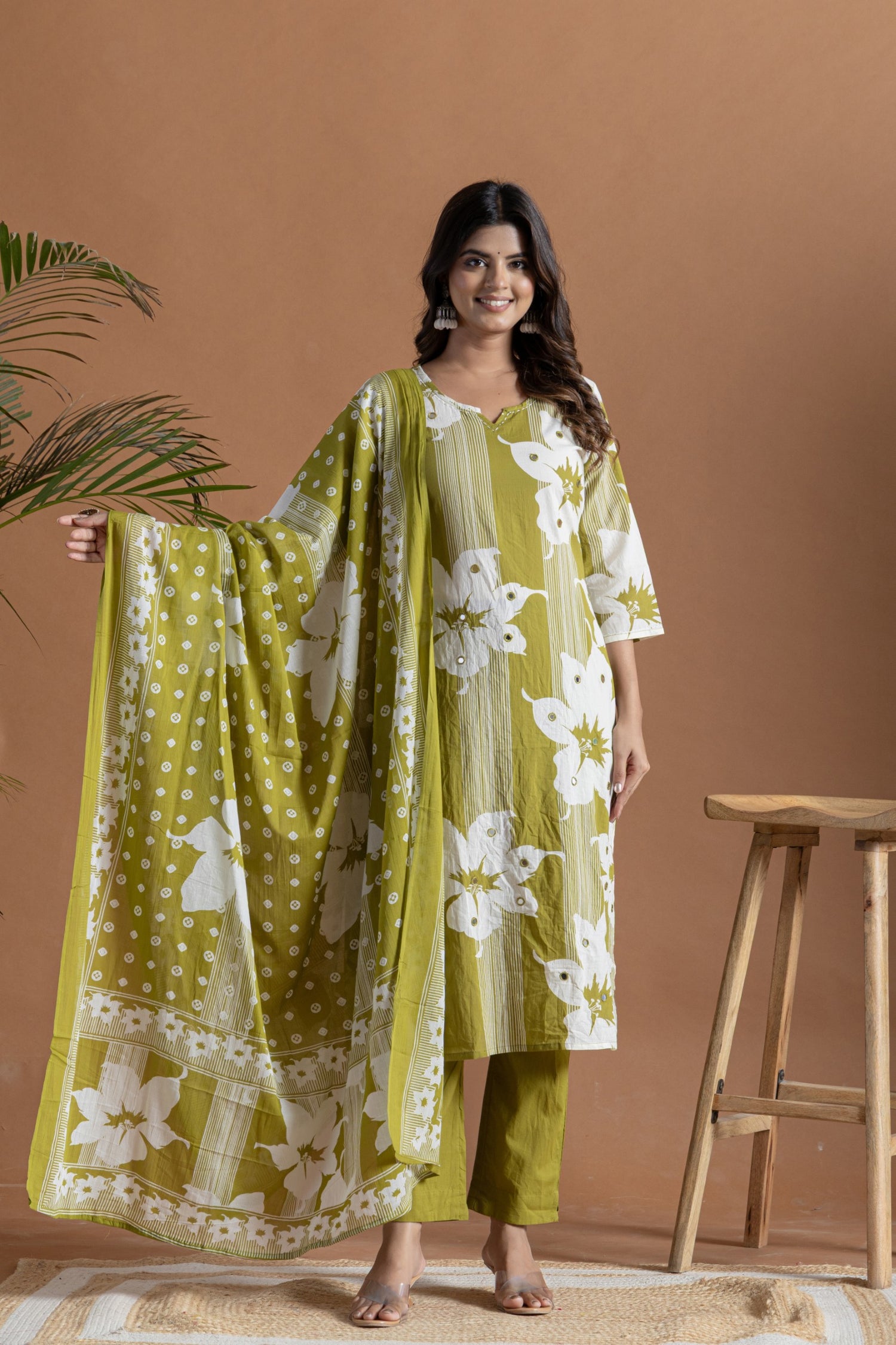 Festive Mehendi Green Floral Cotton Suit | Mirror Work