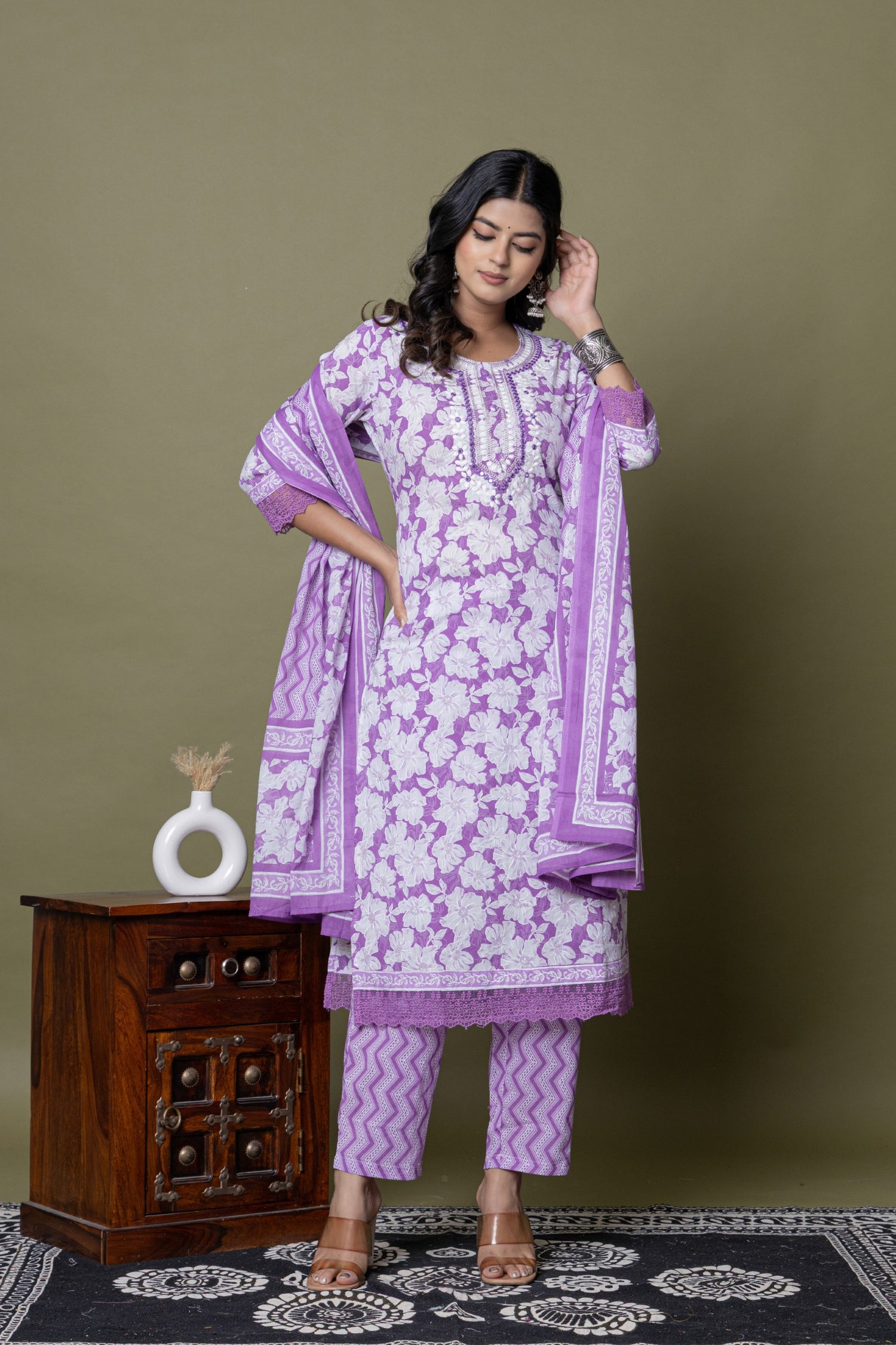 Lavender Embroidered Cotton Suit Set | Floral & Chevron Print