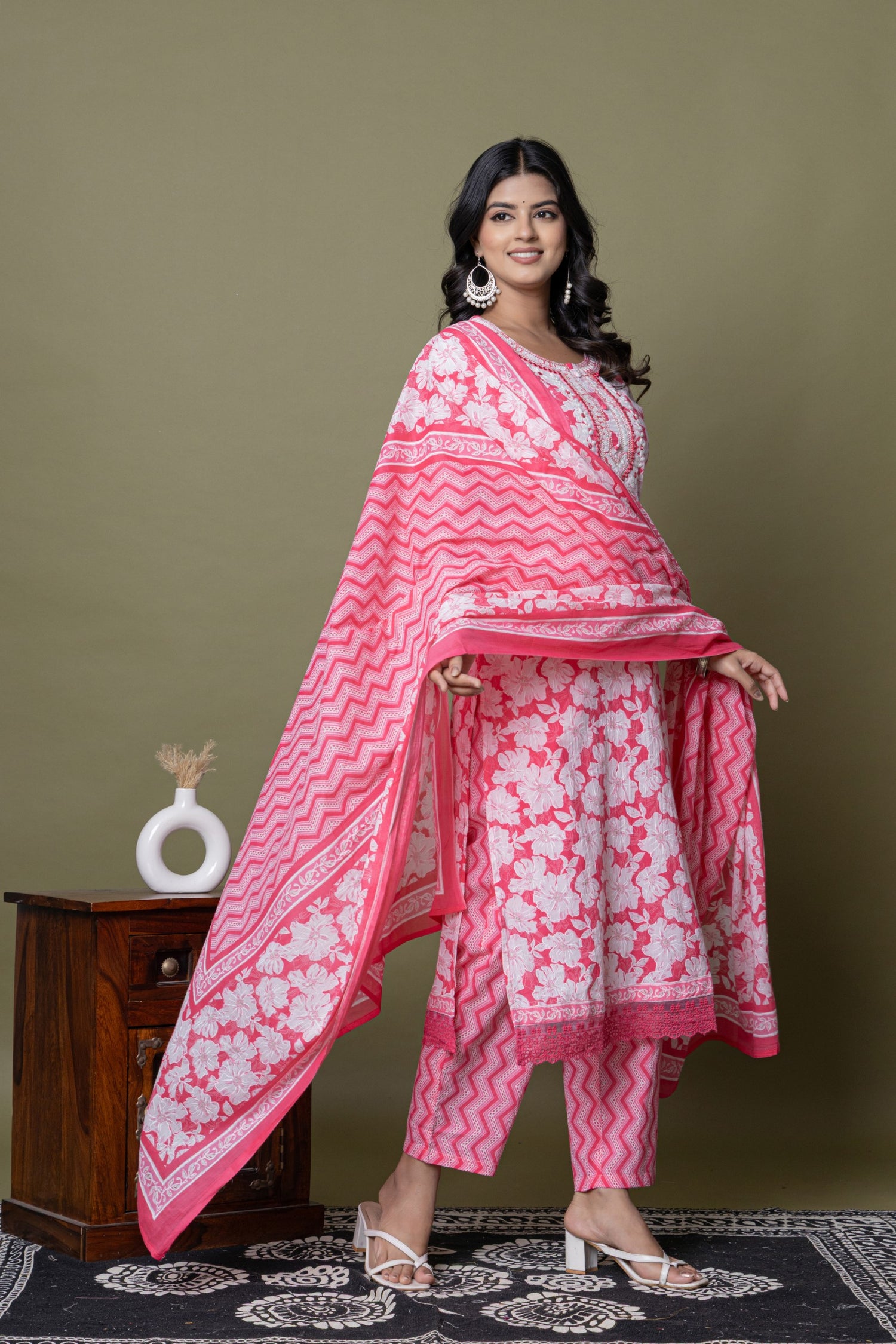 Rose Pink Embroidered Cotton Suit Set | Floral & Chevron Print