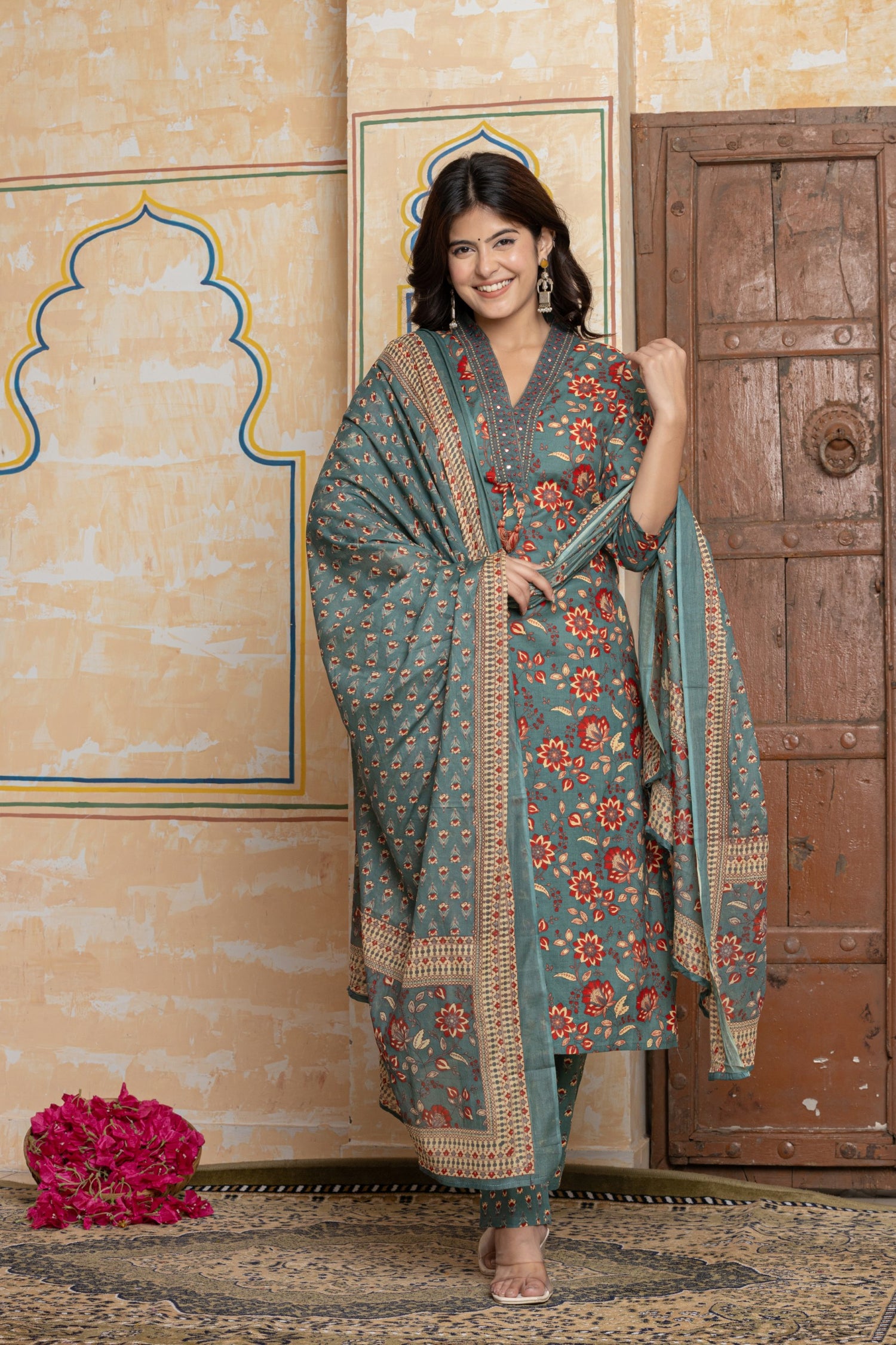 Sage Green Floral Cotton Suit Set | Hand-Embroidered