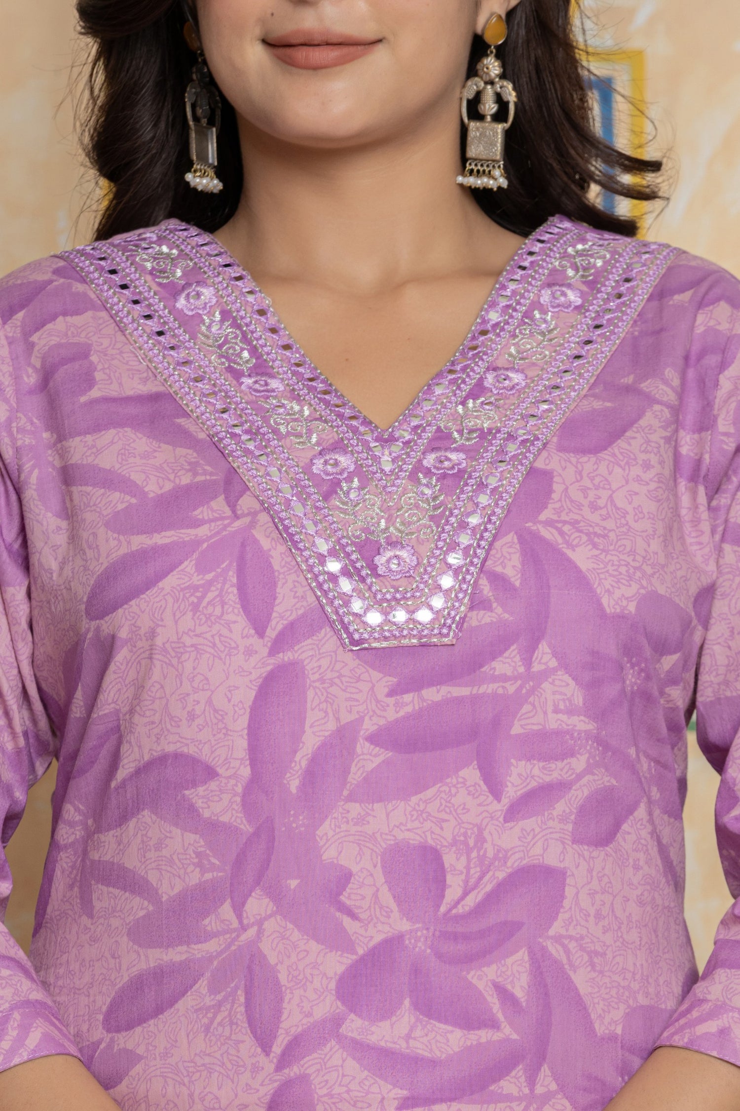 Lavender Mirror Work Cotton Suit Set | Tonal Leafy Print