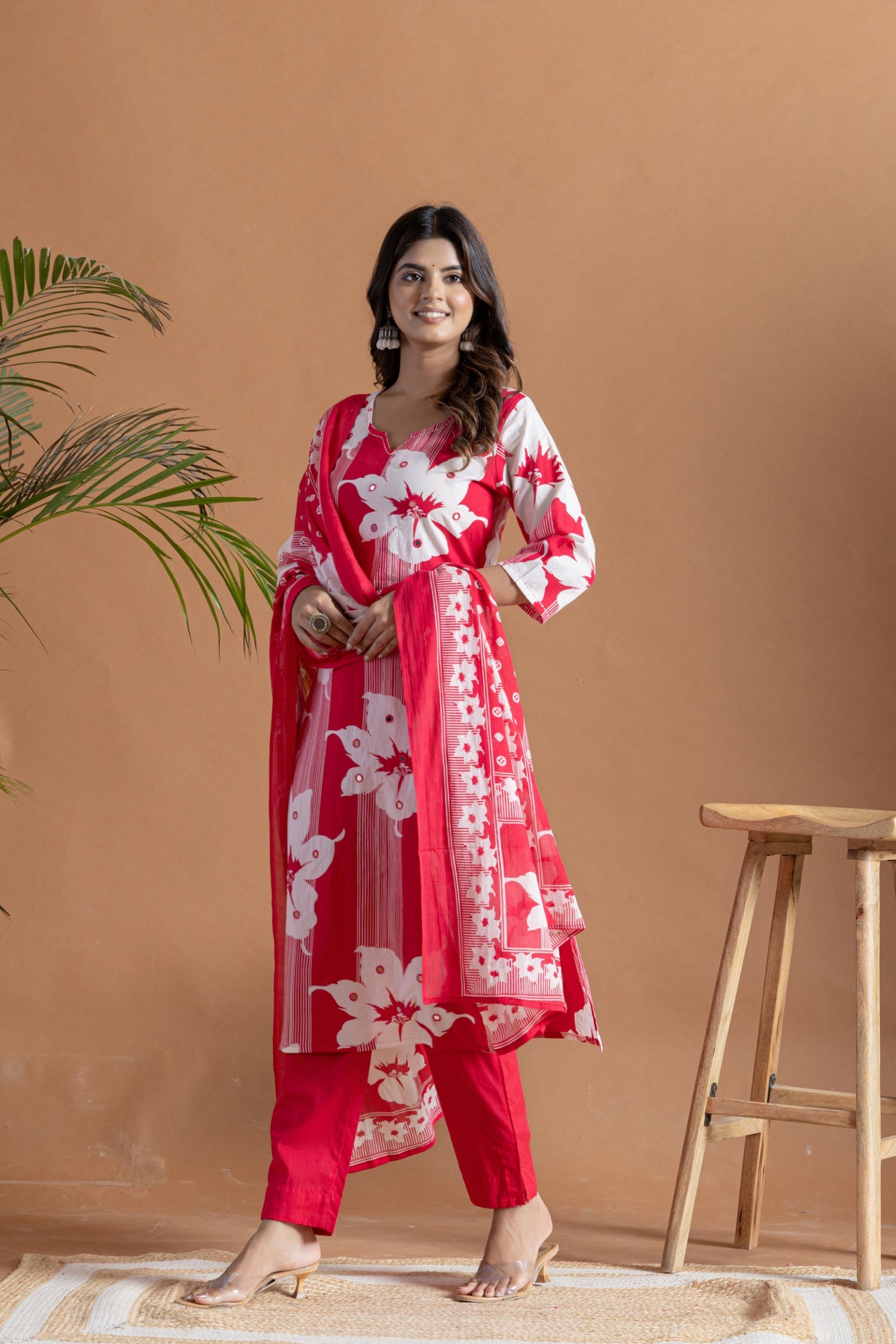 Festive Red Floral Cotton Suit Set | Mirror Work