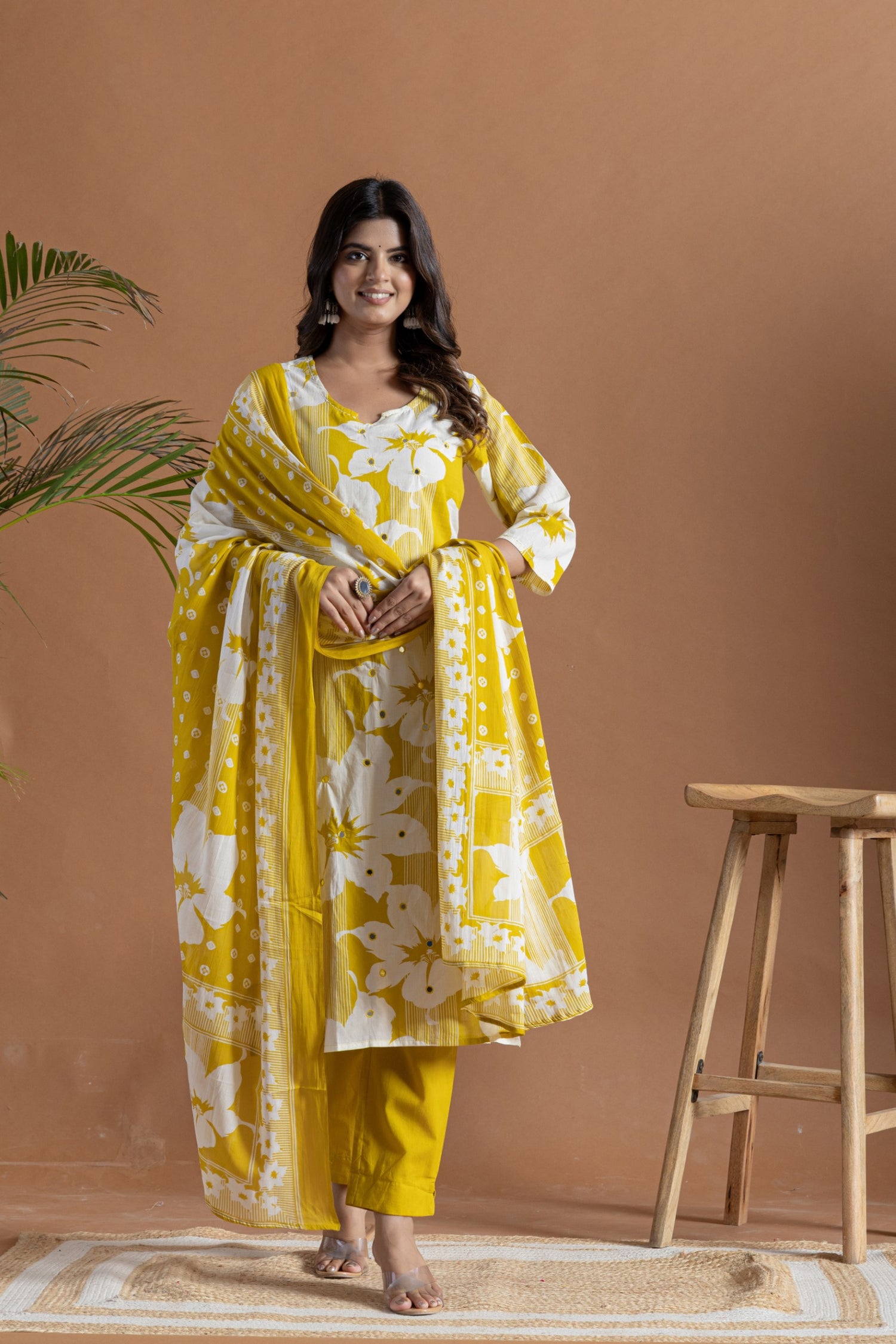 Festive Mustard Floral Cotton Suit | Mirror Work