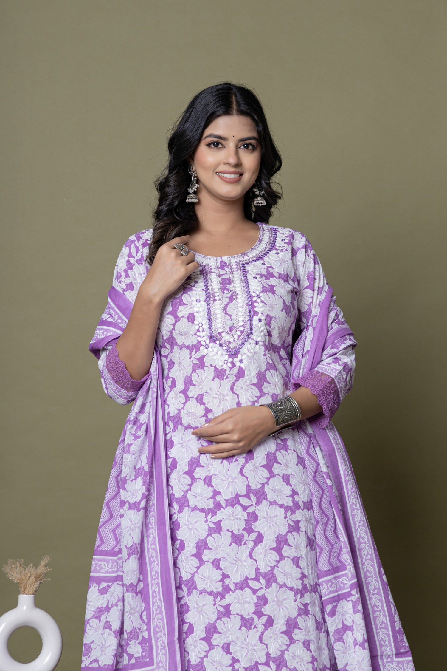 Lavender Embroidered Cotton Suit Set | Floral & Chevron Print