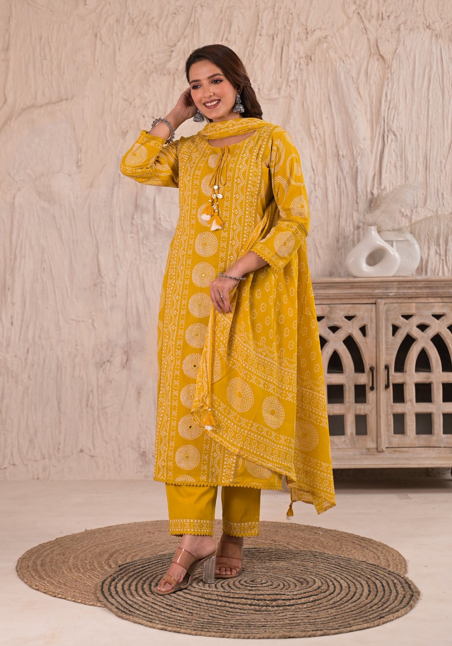 Mustard Yellow Bandhani Print Cotton Suit Set | Tassel Detail
