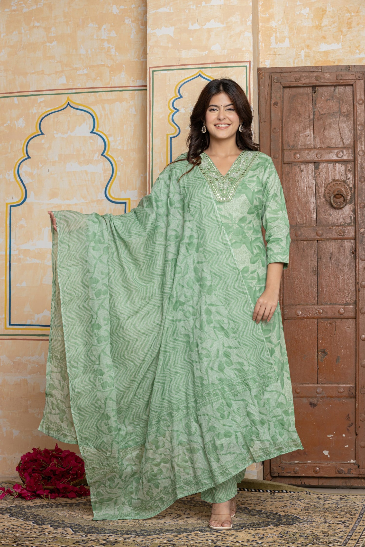 Sage Green Mirror Work Cotton Suit Set | Tonal Leafy Print