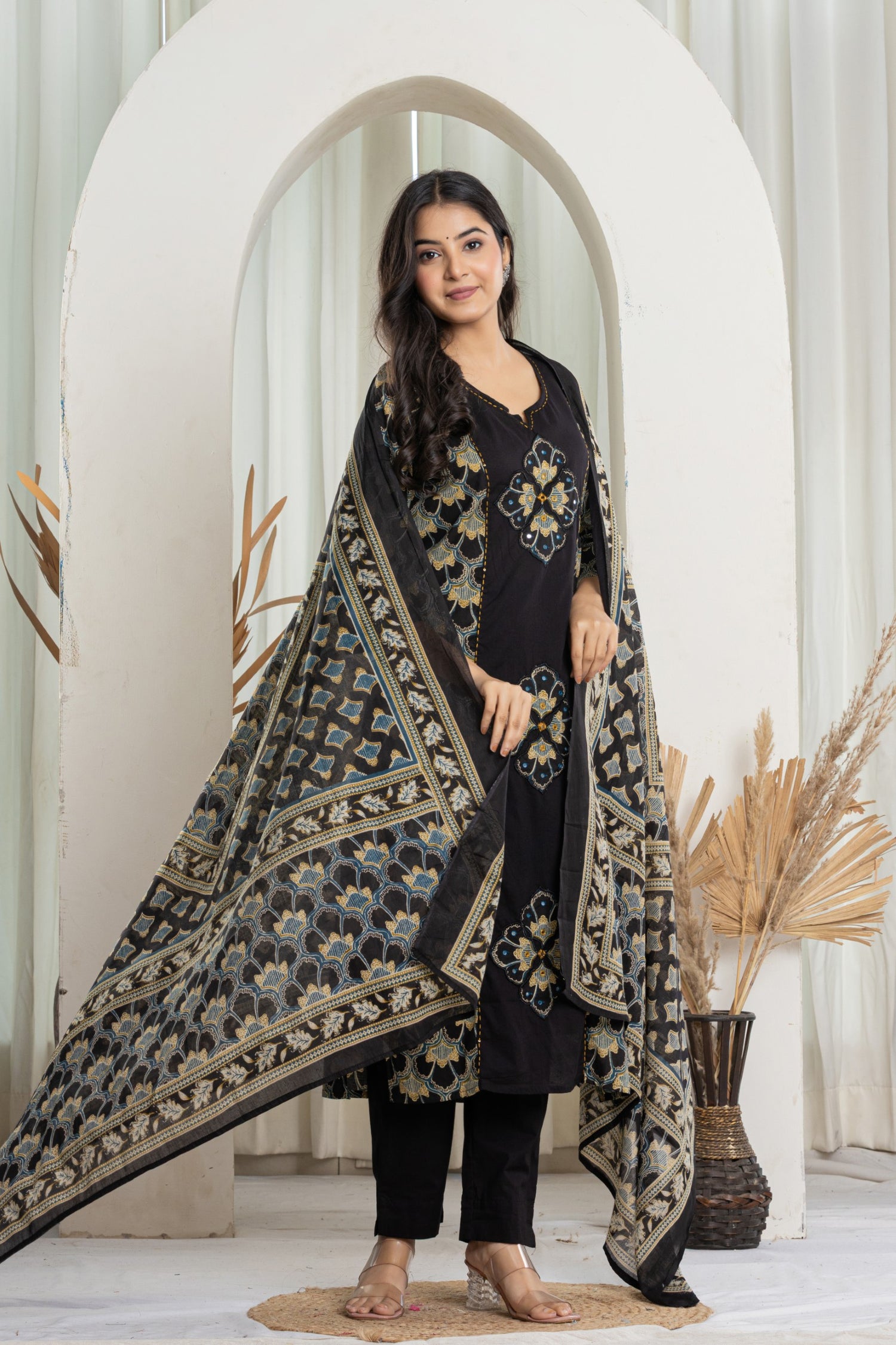 Black Embroidered Medallion Cotton Suit Set | Mirror Work