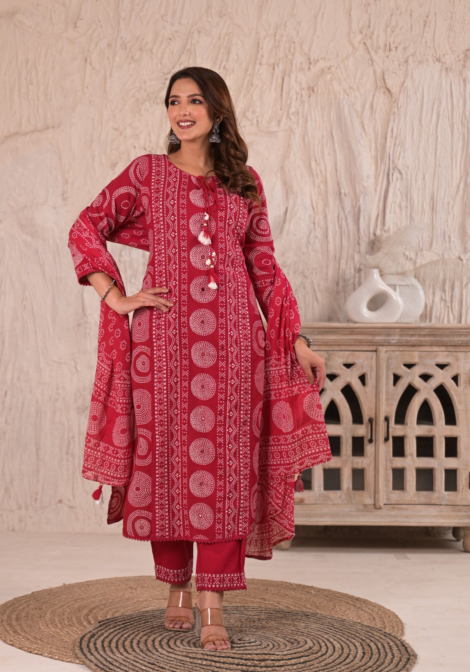Festive Red Bandhani Print Cotton Suit Set | Tassel Detail