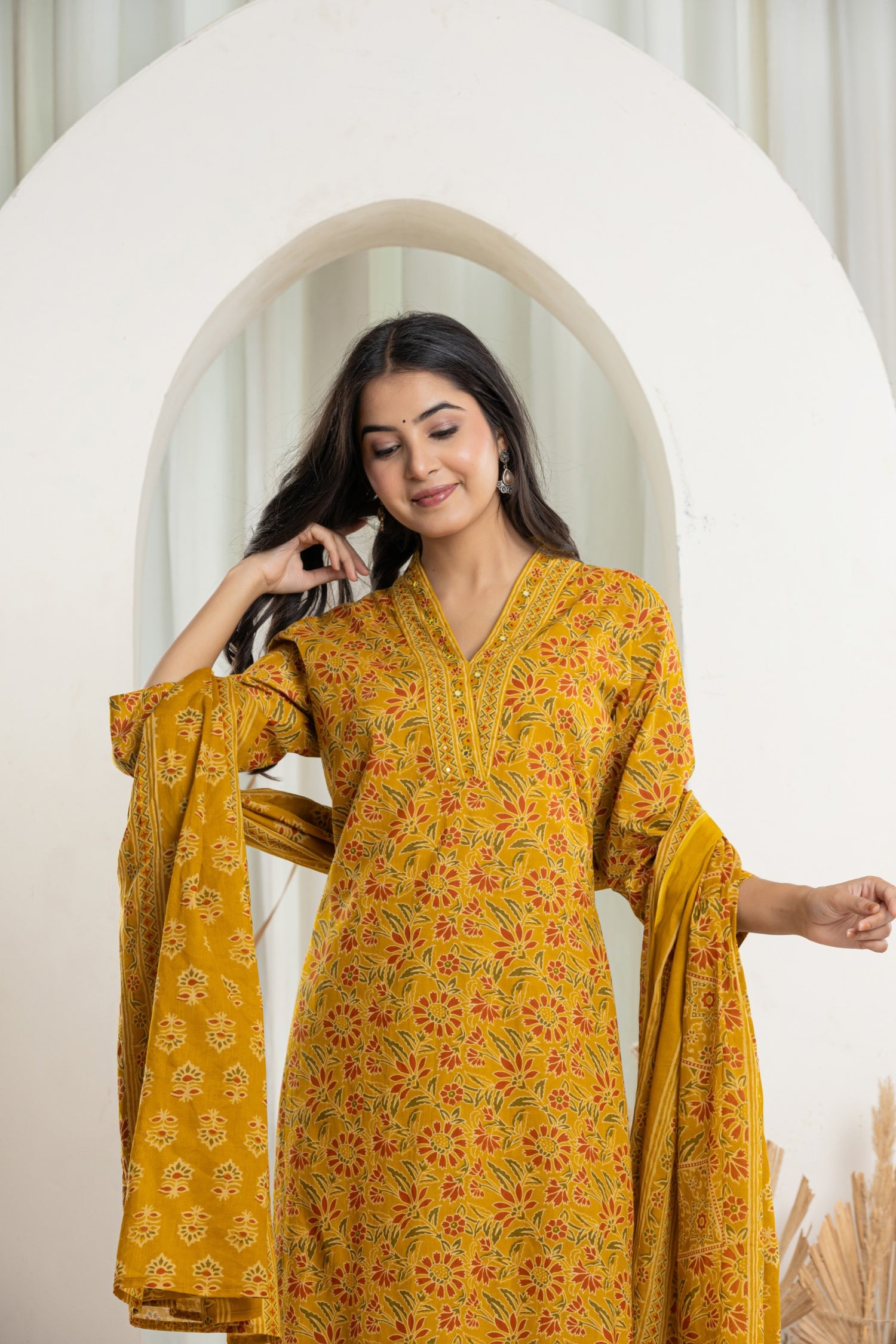 Festive Mustard Floral Cotton Suit Set | Hand-Embroidered