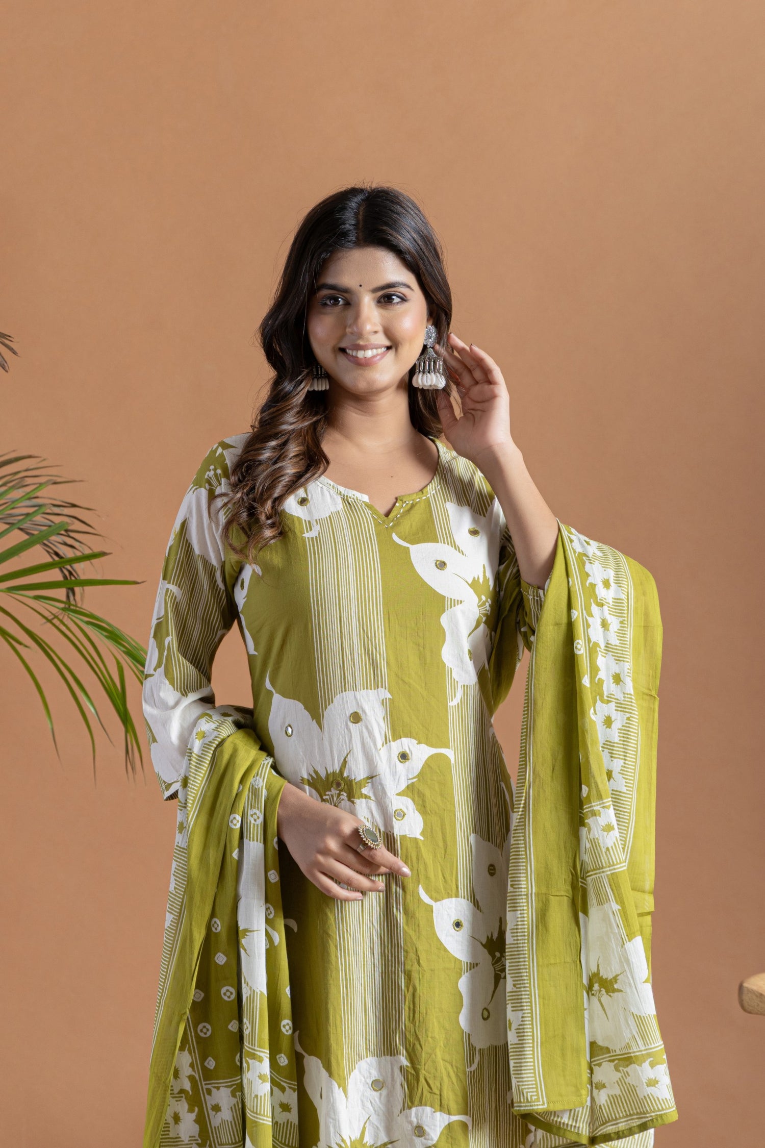 Festive Mehendi Green Floral Cotton Suit | Mirror Work