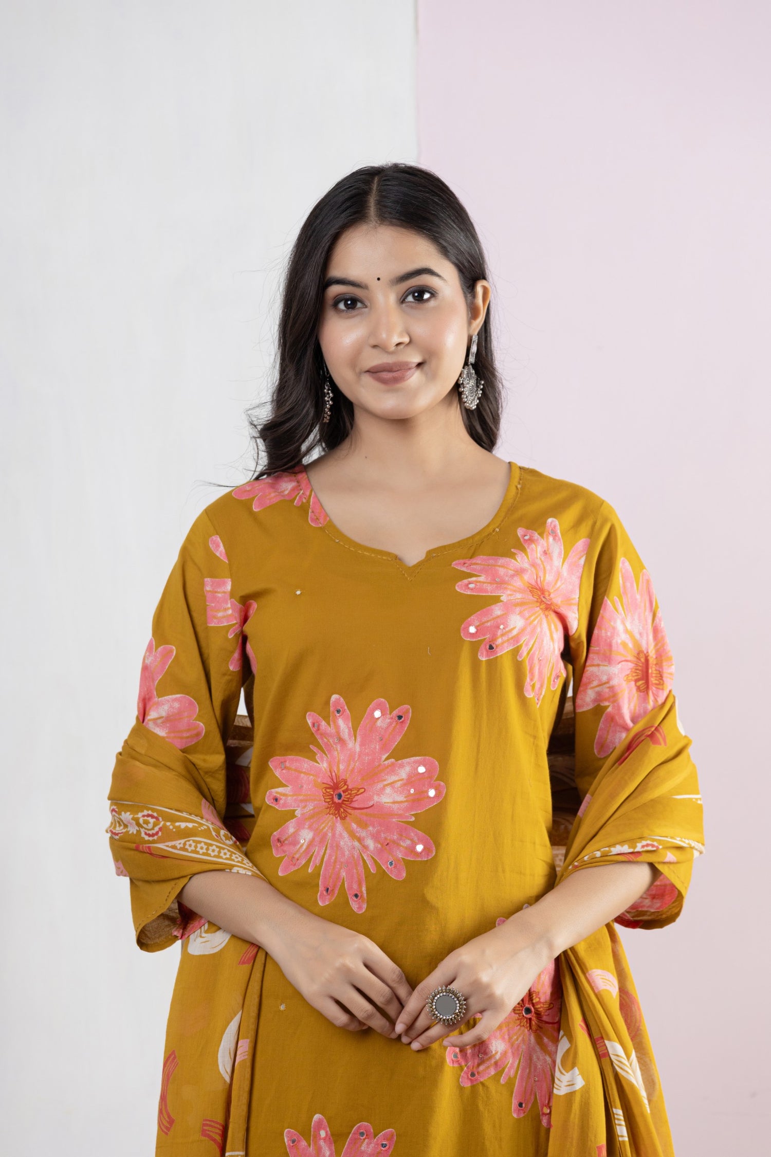 Festive Mustard Floral Mirror Work Cotton Suit Set