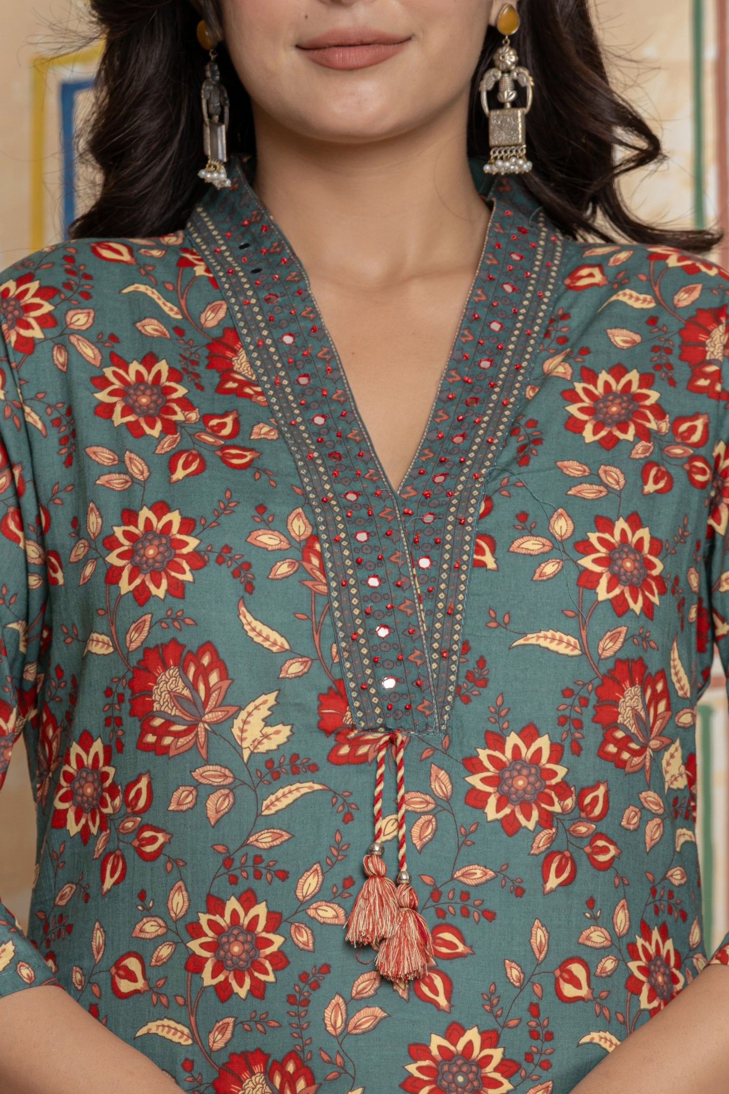 Sage Green Floral Cotton Suit Set | Hand-Embroidered