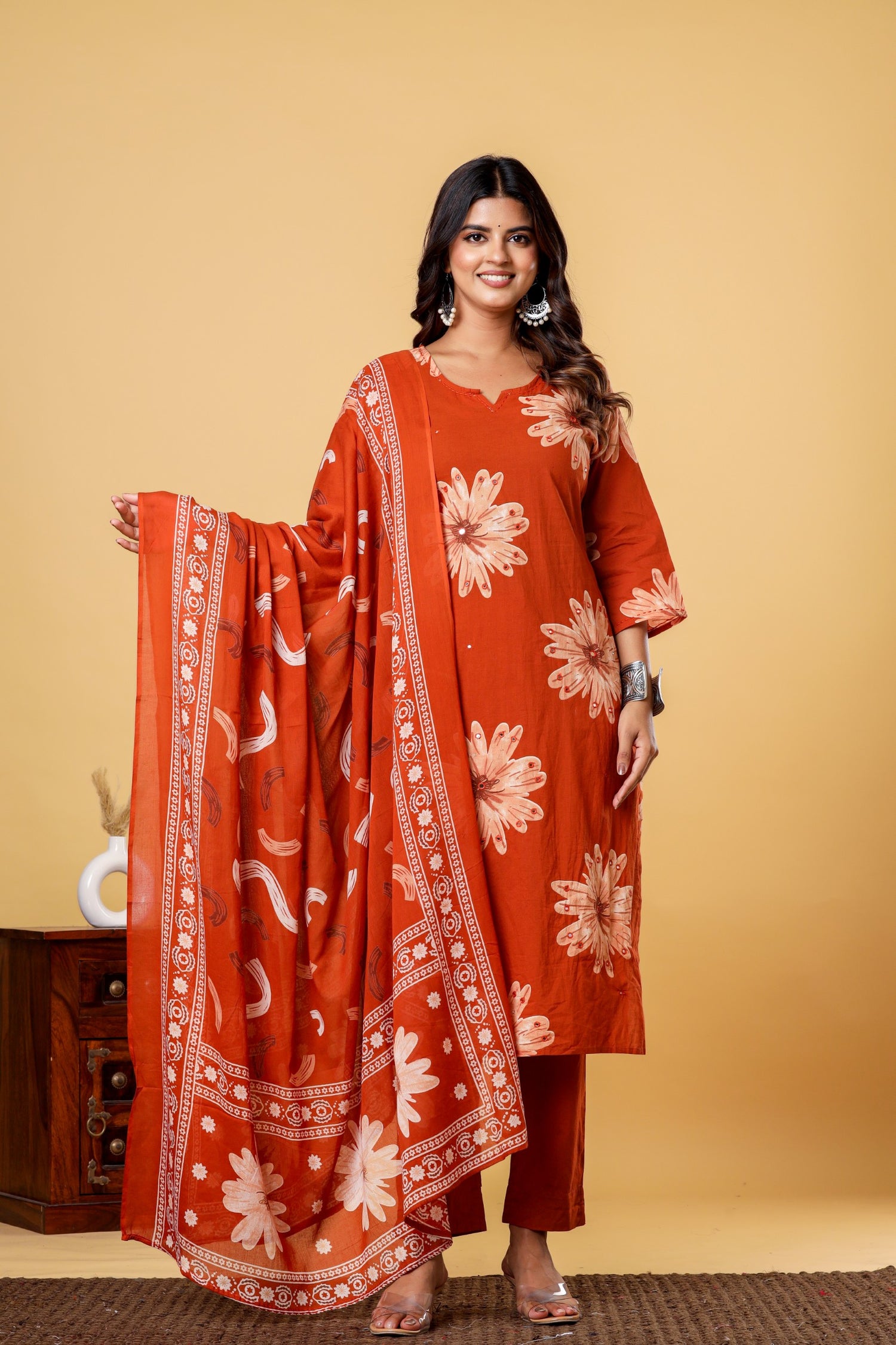 Festive Rust Floral Cotton Suit Set | Mirror Work