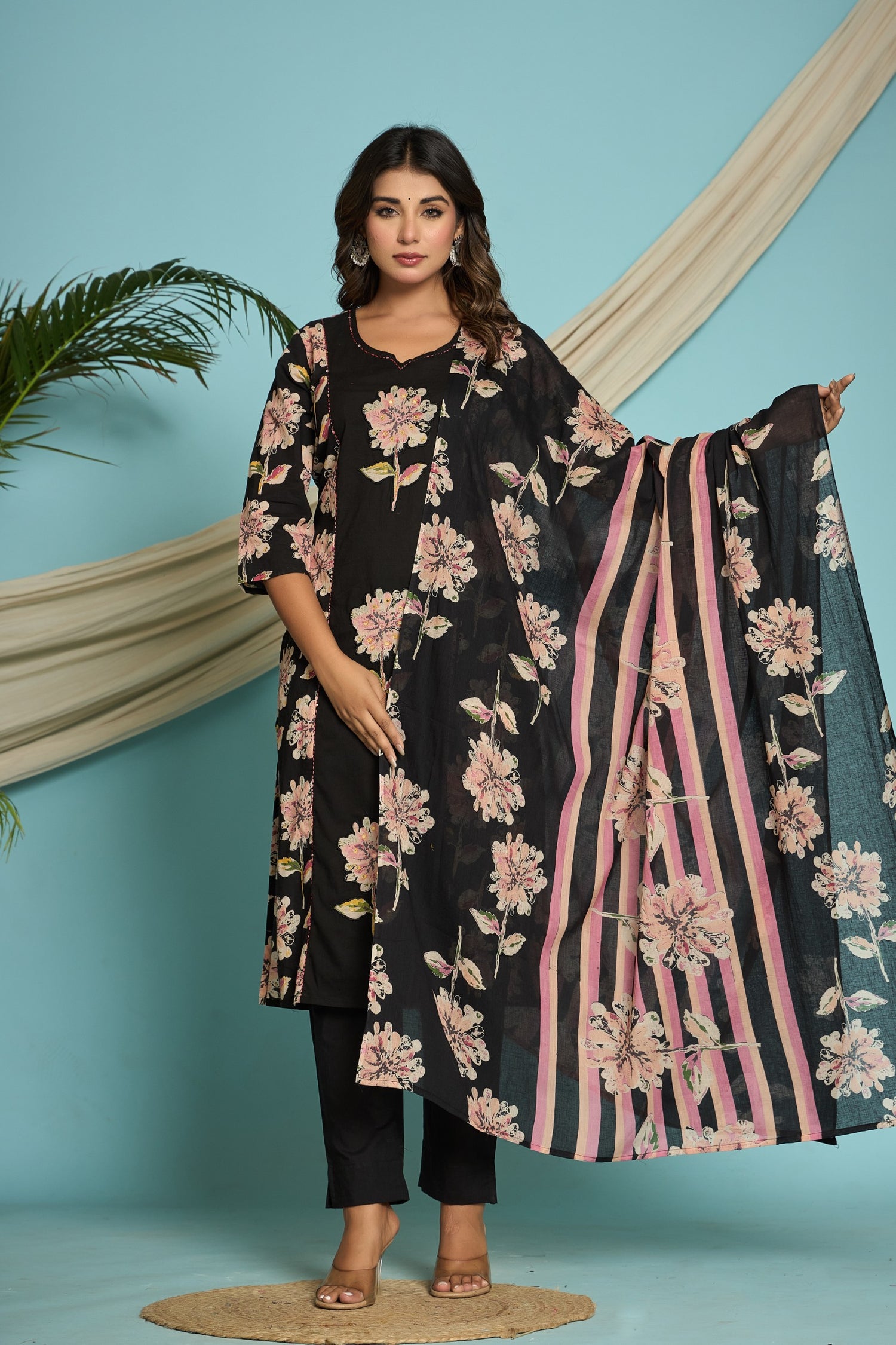 Black Floral Print Cotton Suit Set | Hand-Embroidered