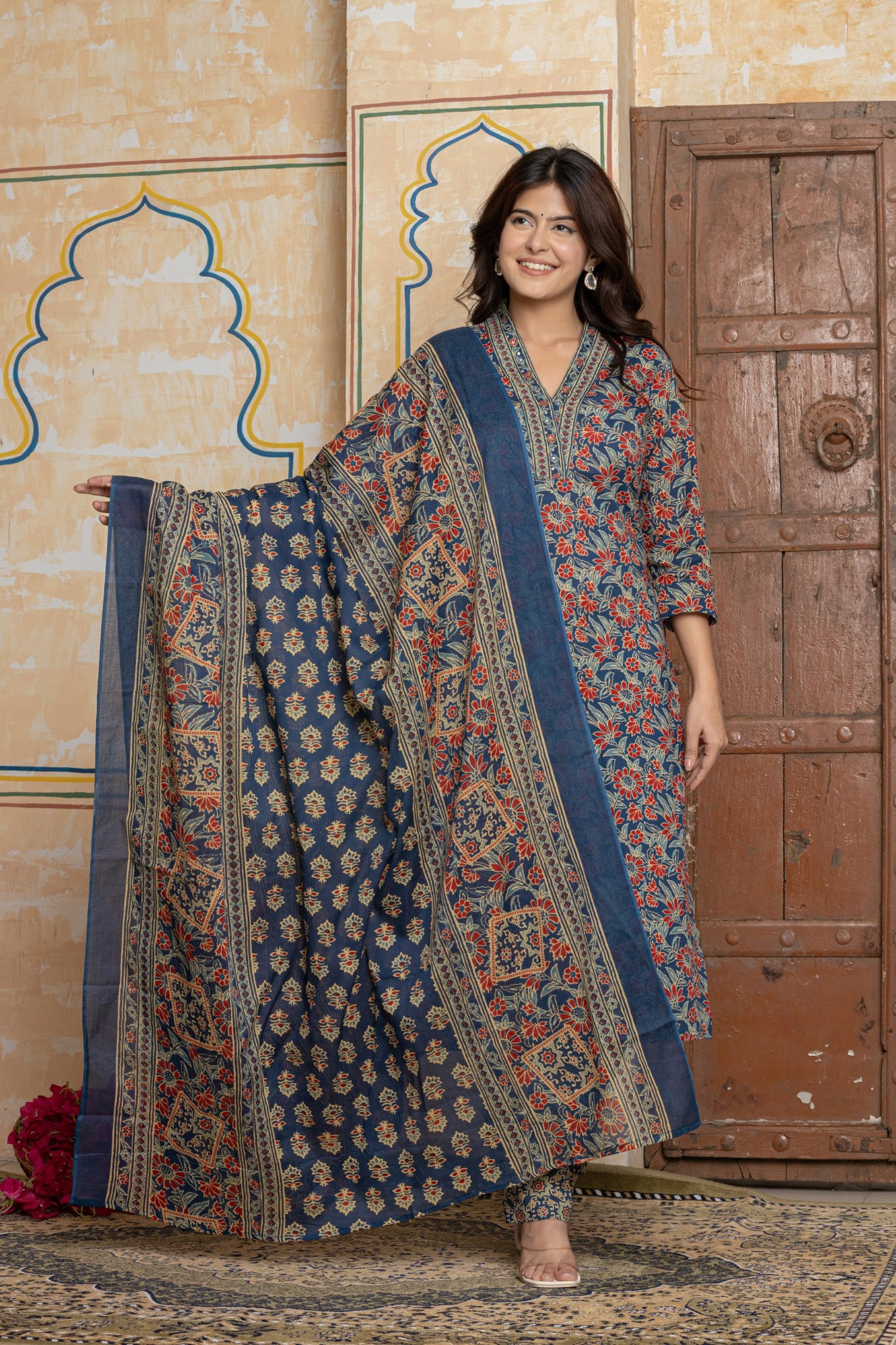 Indigo Kalamkari Print Cotton Suit Set | Hand-Embroidered