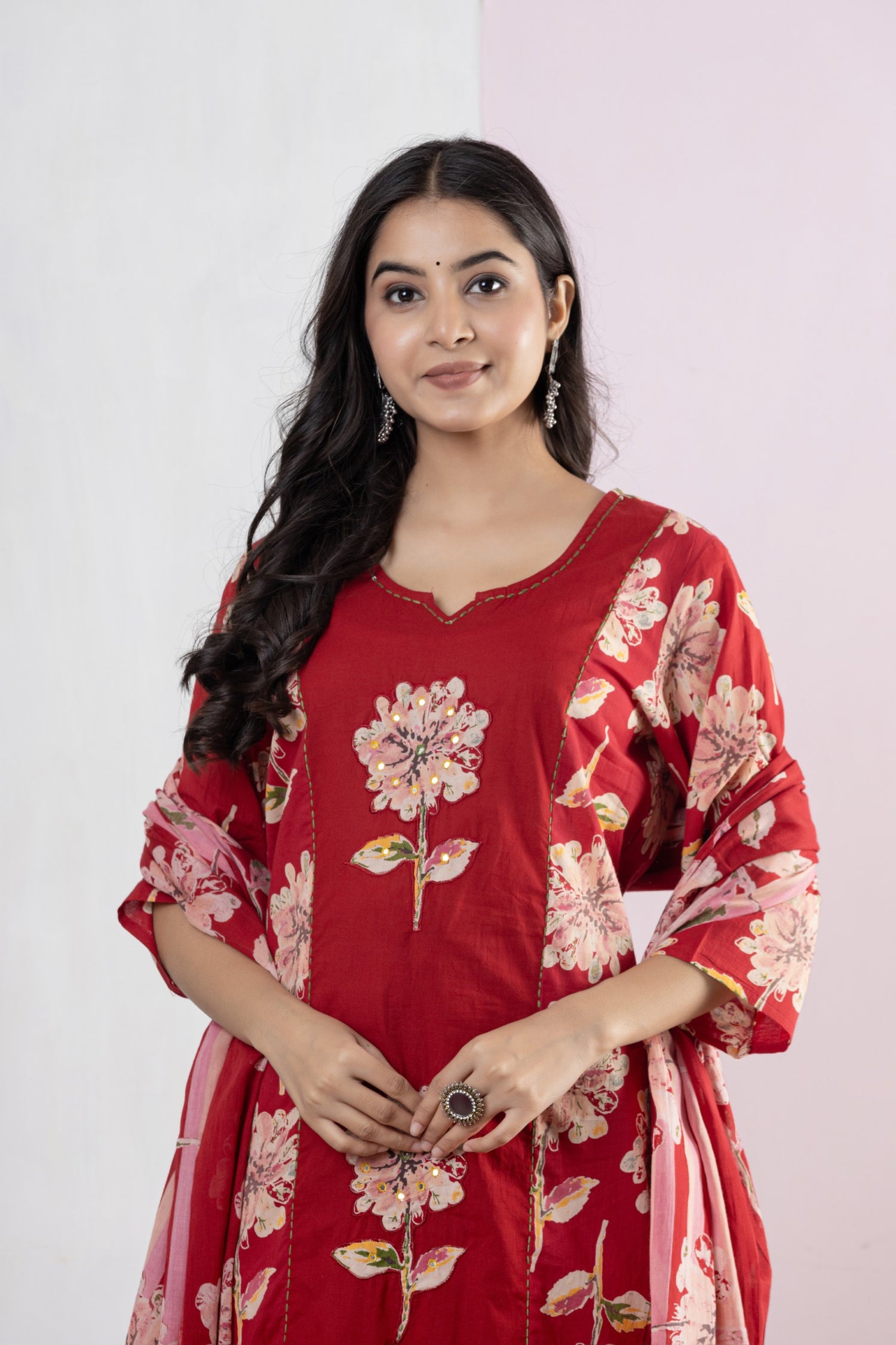 Festive Red Floral Embroidered Cotton Suit Set