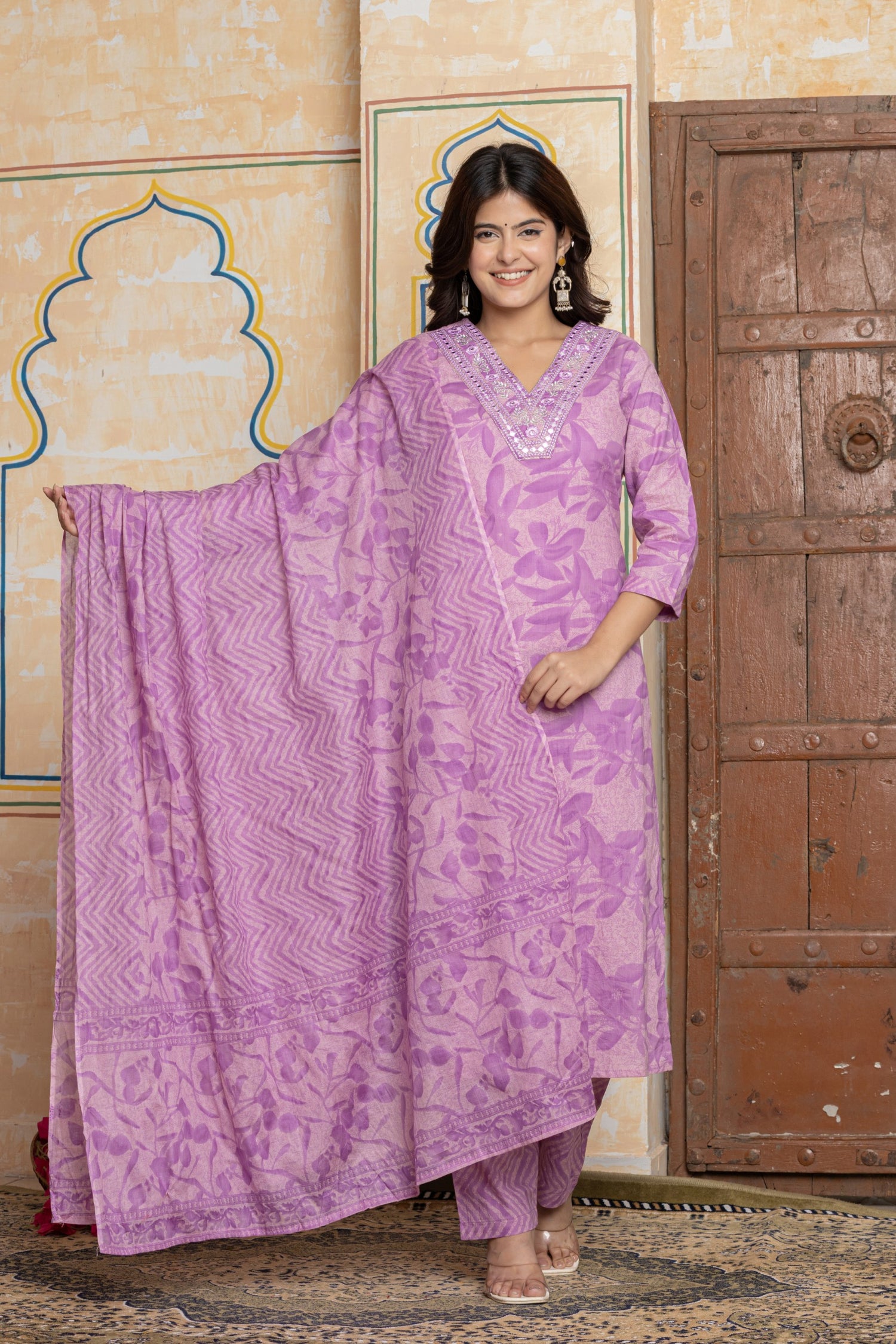 Lavender Mirror Work Cotton Suit Set | Tonal Leafy Print