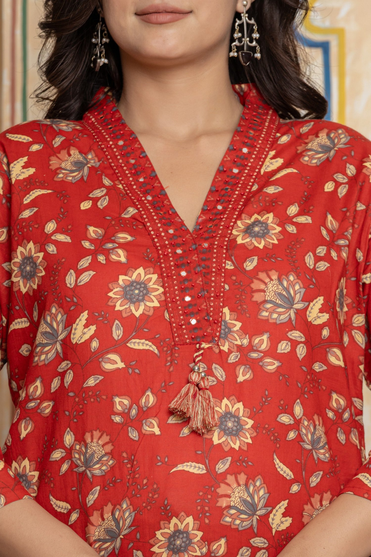 Festive Red Floral Cotton Suit Set | Hand-Embroidered