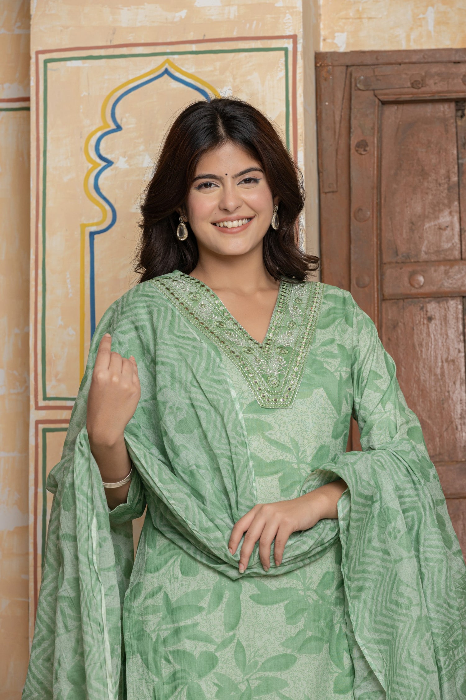 Sage Green Mirror Work Cotton Suit Set | Tonal Leafy Print