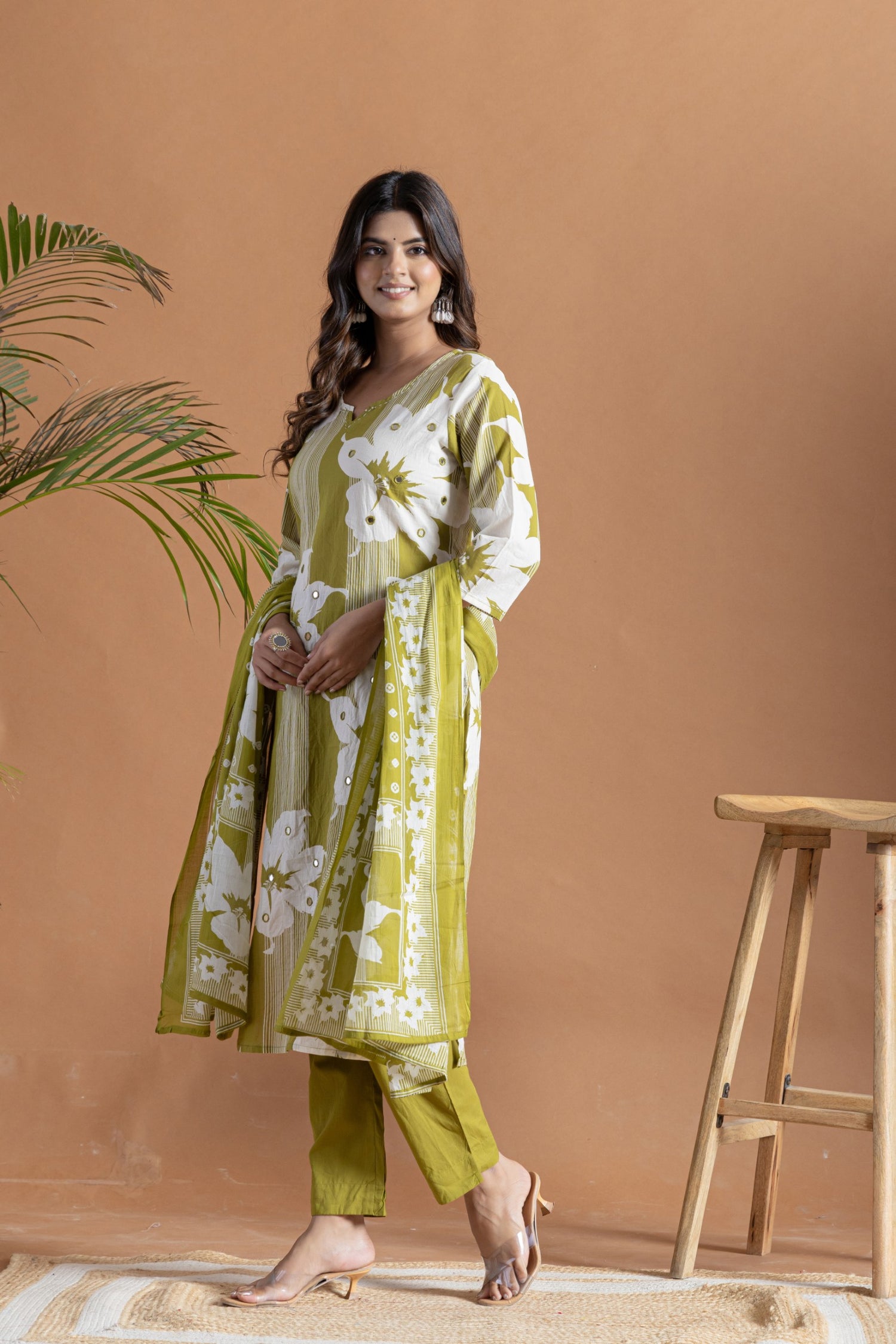 Festive Mehendi Green Floral Cotton Suit | Mirror Work