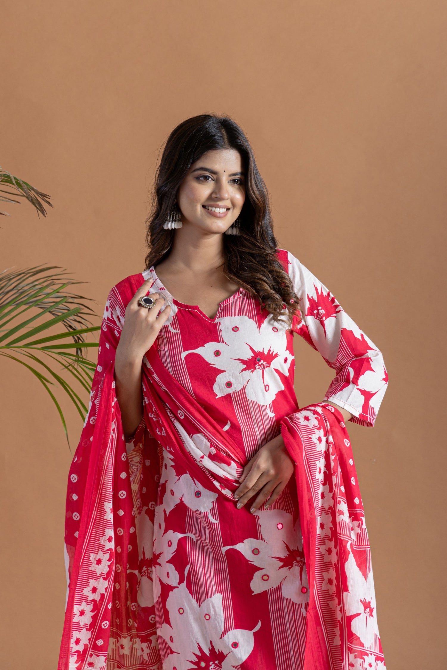 Festive Red Floral Cotton Suit Set | Mirror Work