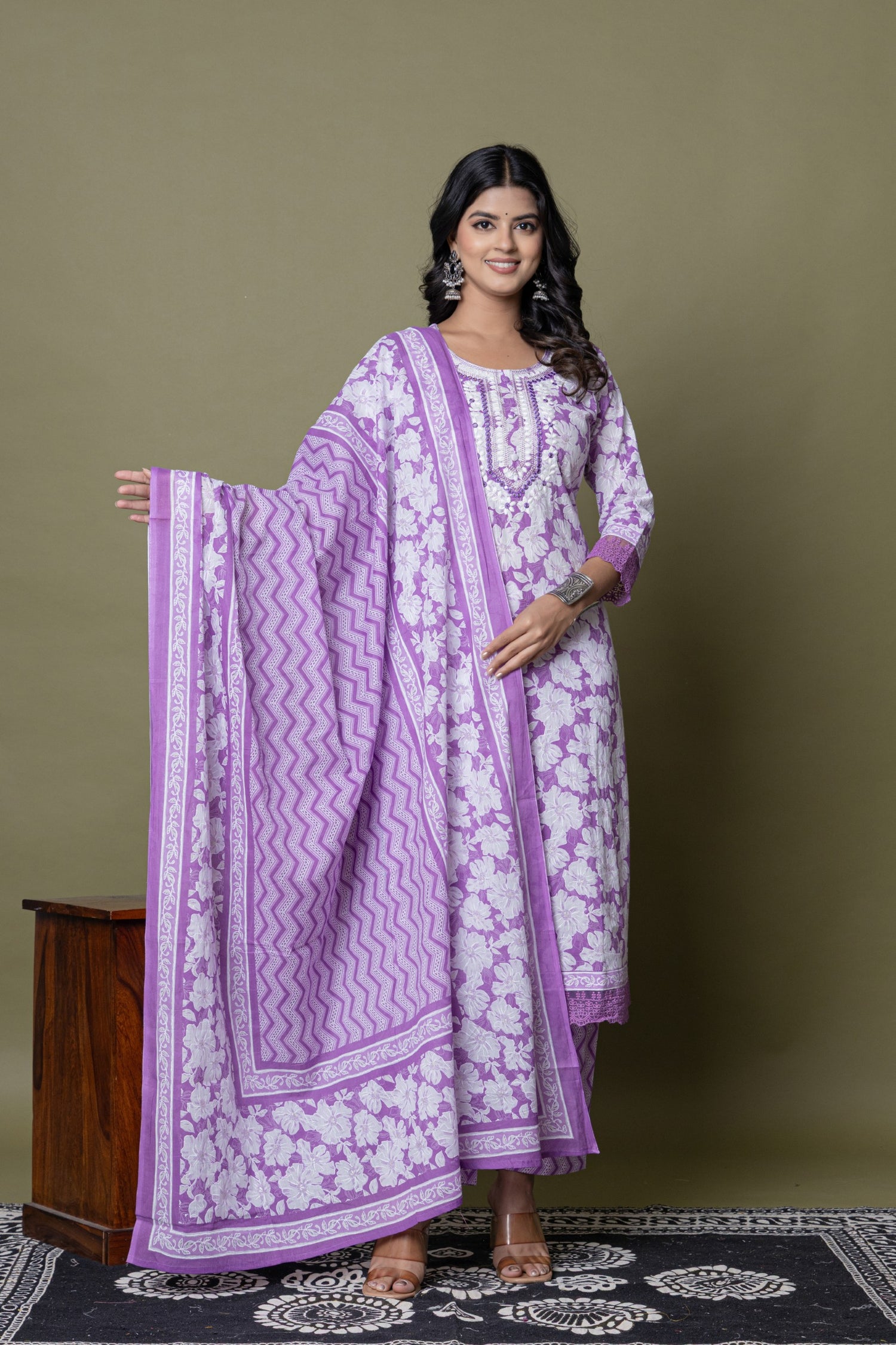 Lavender Embroidered Cotton Suit Set | Floral & Chevron Print
