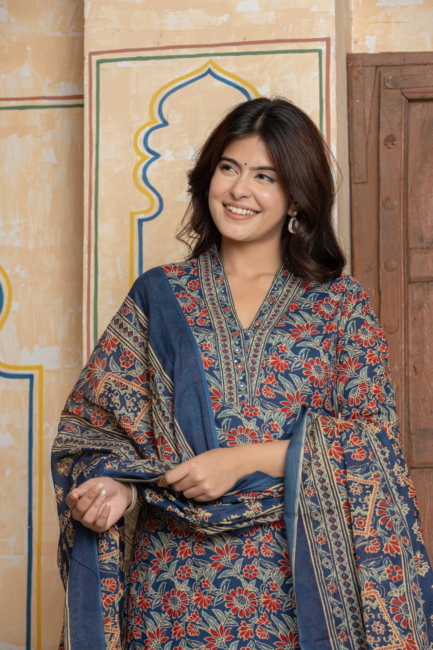 Indigo Kalamkari Print Cotton Suit Set | Hand-Embroidered