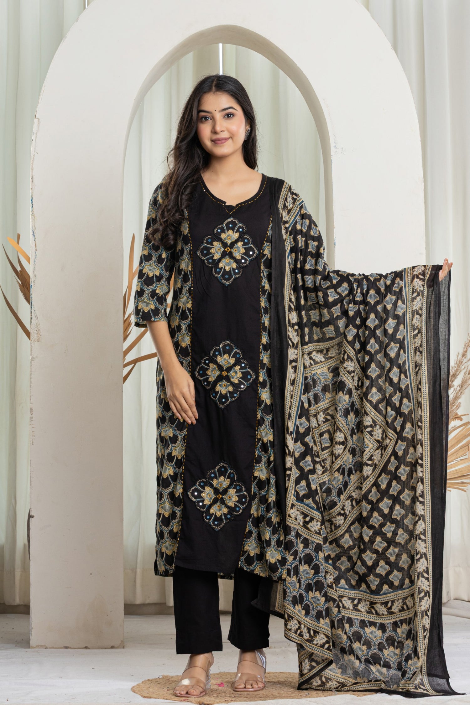 Black Embroidered Medallion Cotton Suit Set | Mirror Work