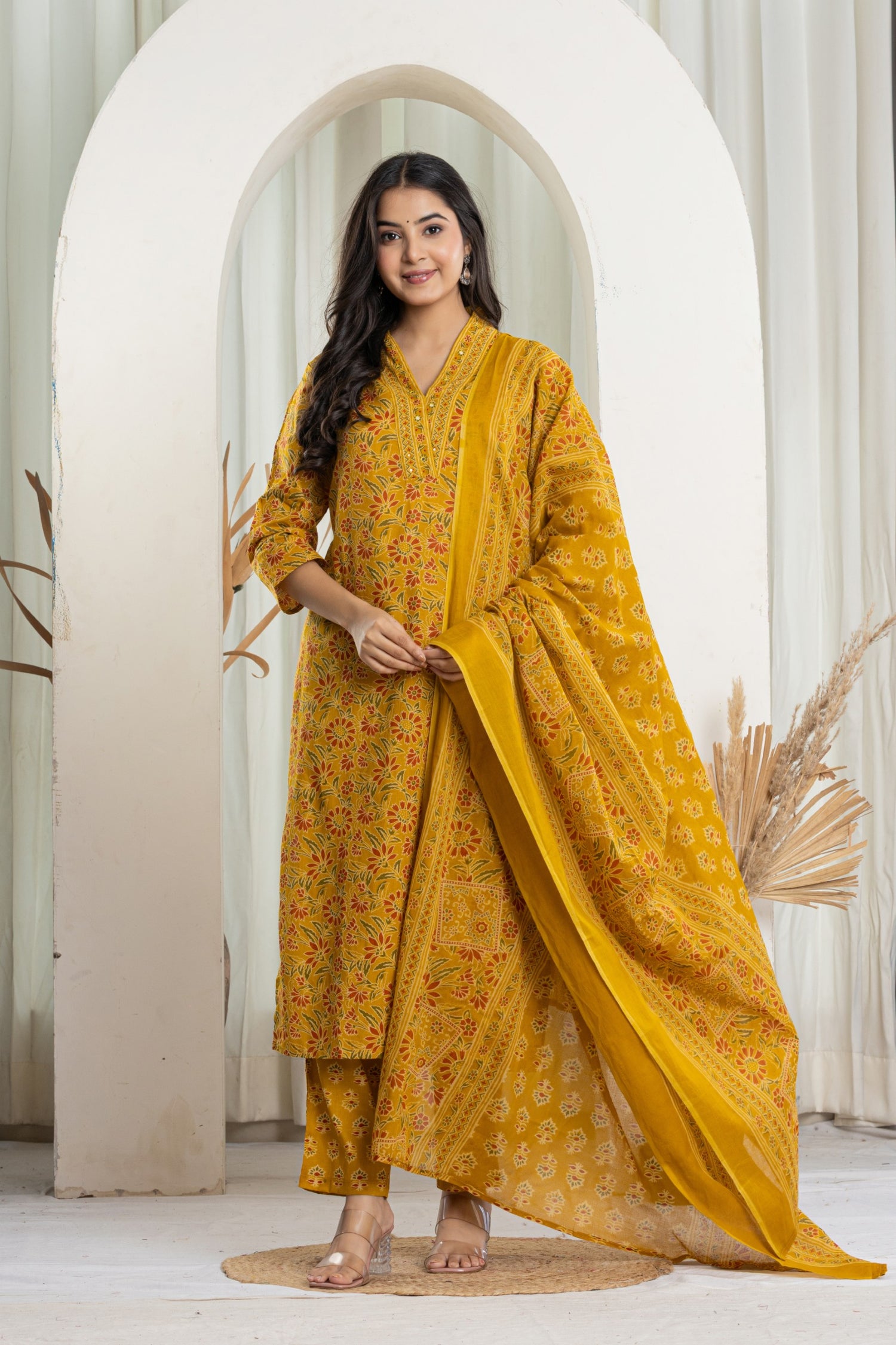 Festive Mustard Floral Cotton Suit Set | Hand-Embroidered