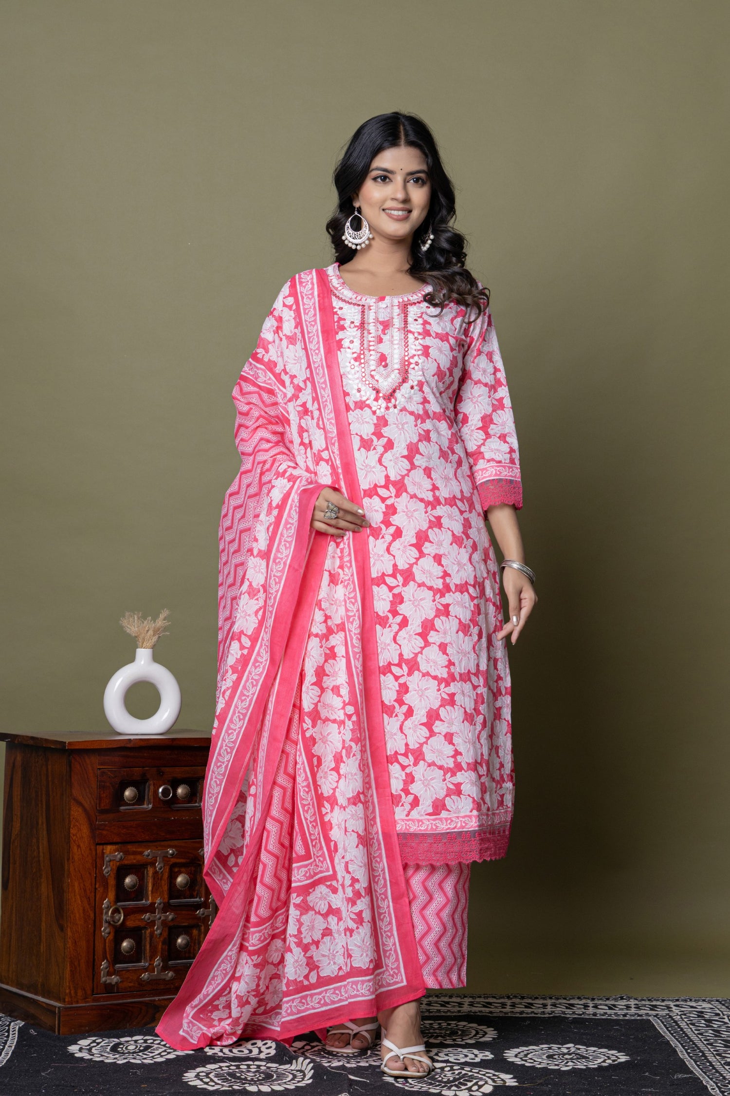 Rose Pink Embroidered Cotton Suit Set | Floral & Chevron Print