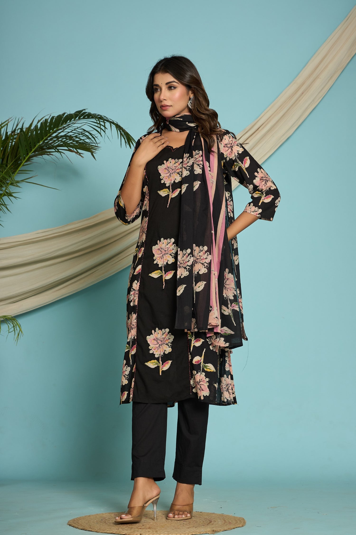 Black Floral Print Cotton Suit Set | Hand-Embroidered