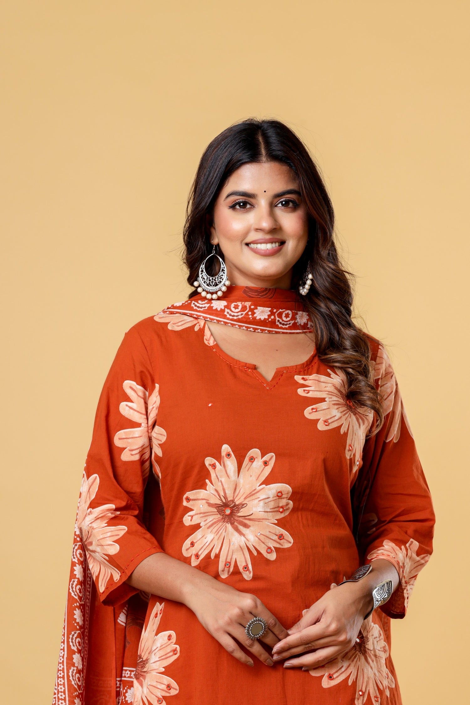 Festive Rust Floral Cotton Suit Set | Mirror Work