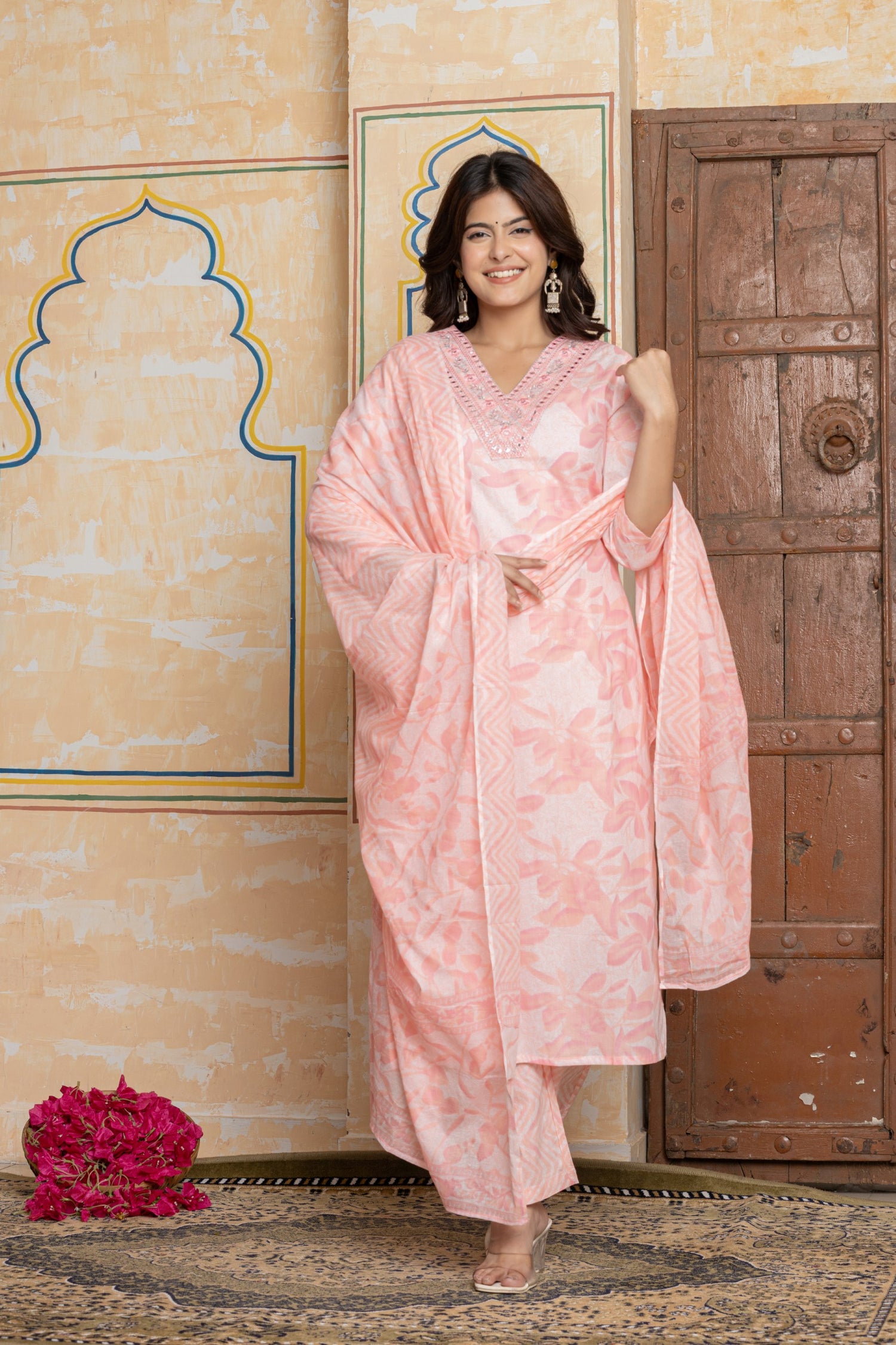 Blush Pink Mirror Work Cotton Suit Set | Tonal Leafy Print