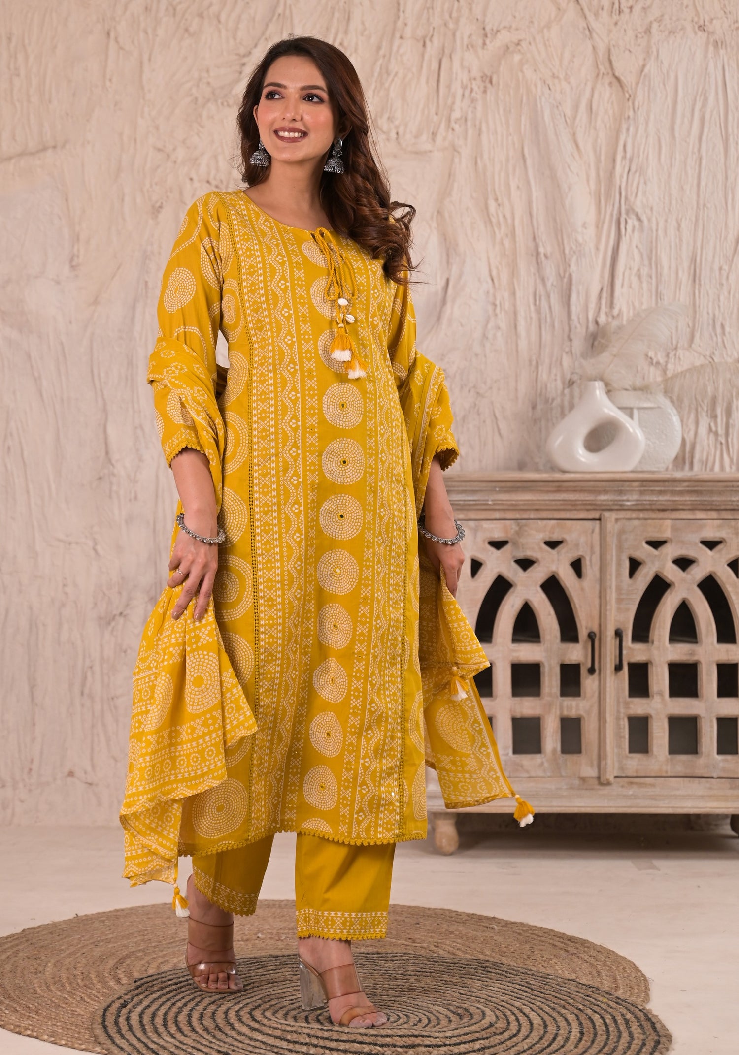 Mustard Yellow Bandhani Print Cotton Suit Set | Tassel Detail